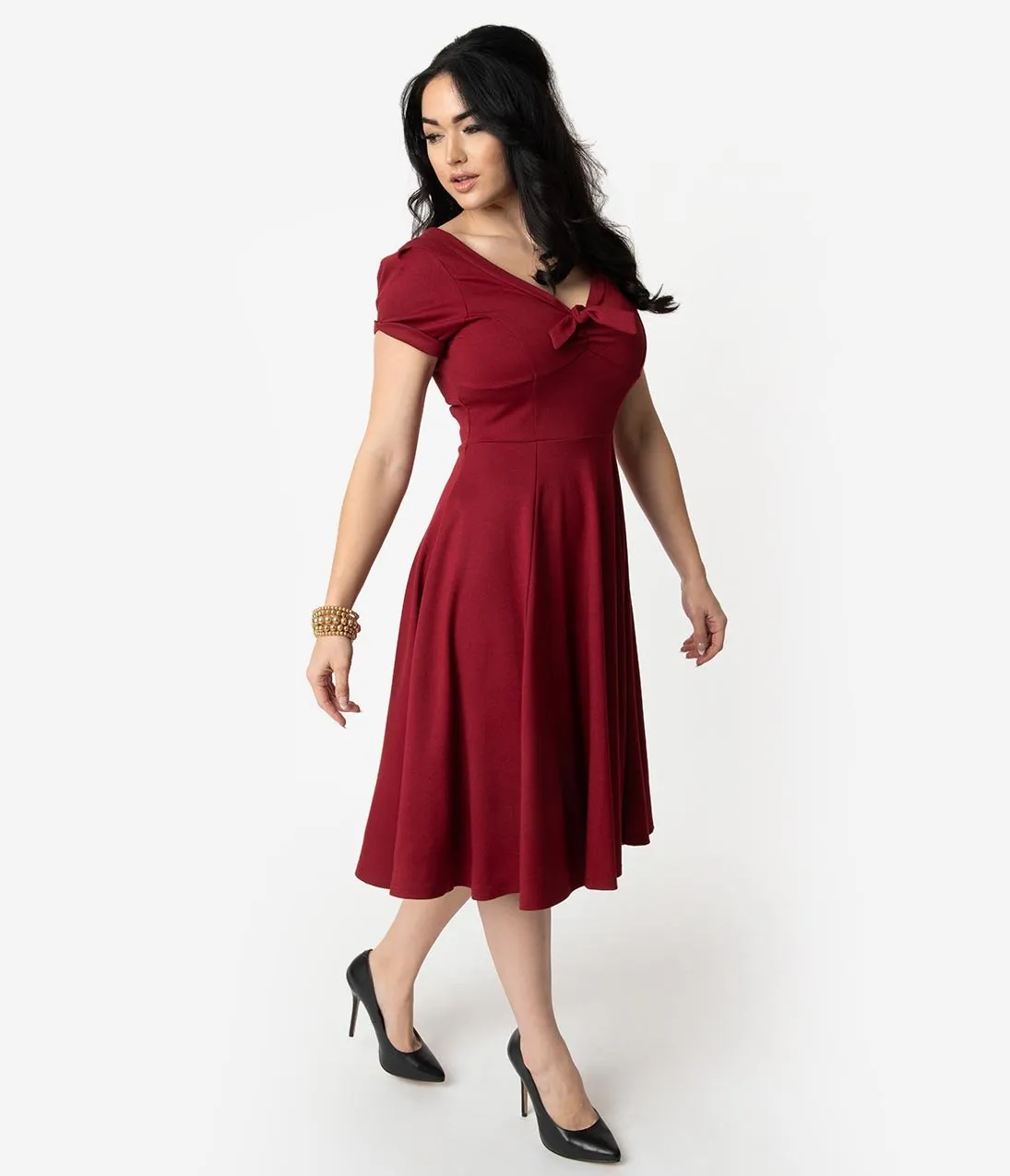 Unique Vintage 1940s Style Burgundy Knit Short Sleeve Natalie Swing Dress