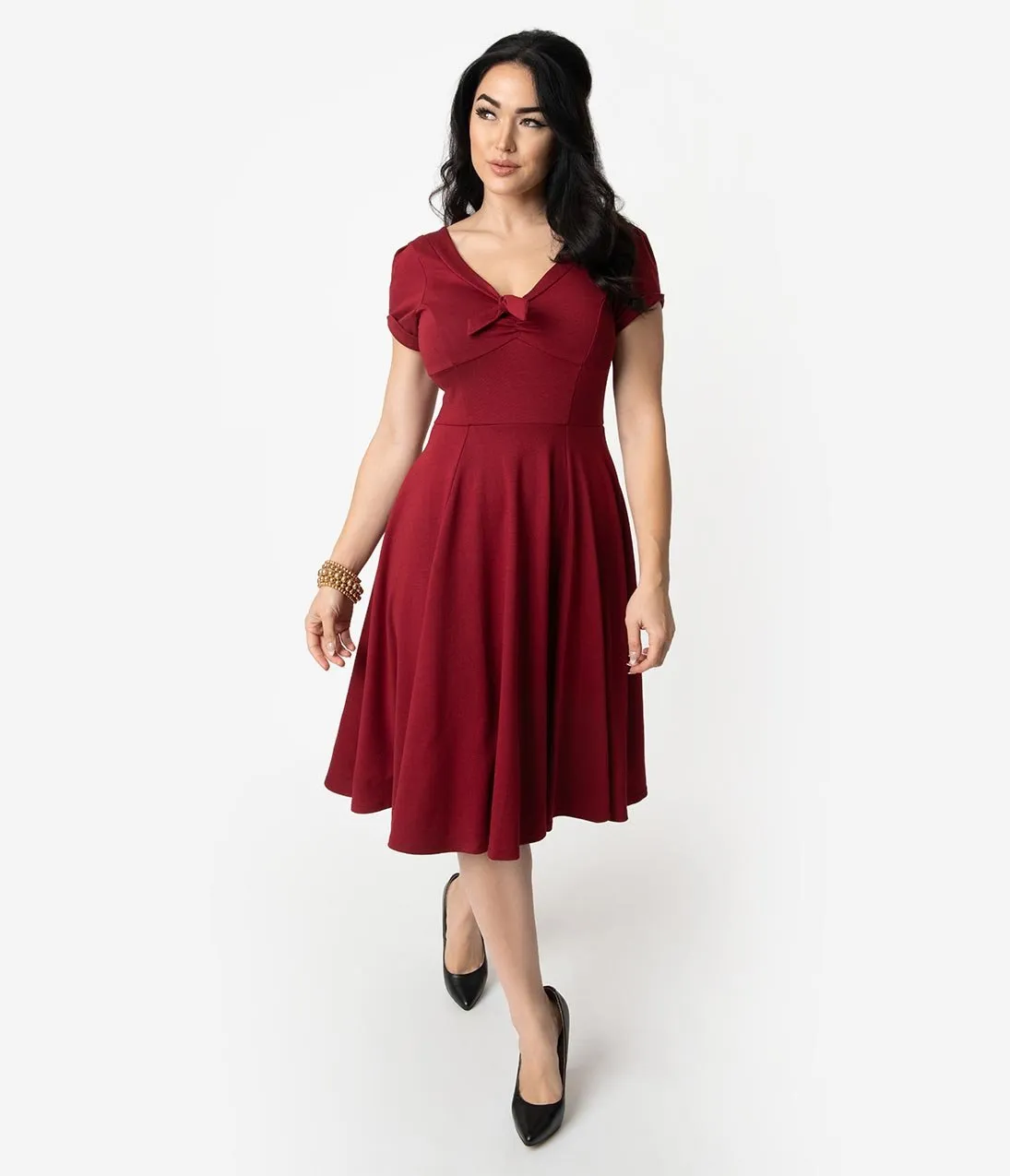 Unique Vintage 1940s Style Burgundy Knit Short Sleeve Natalie Swing Dress