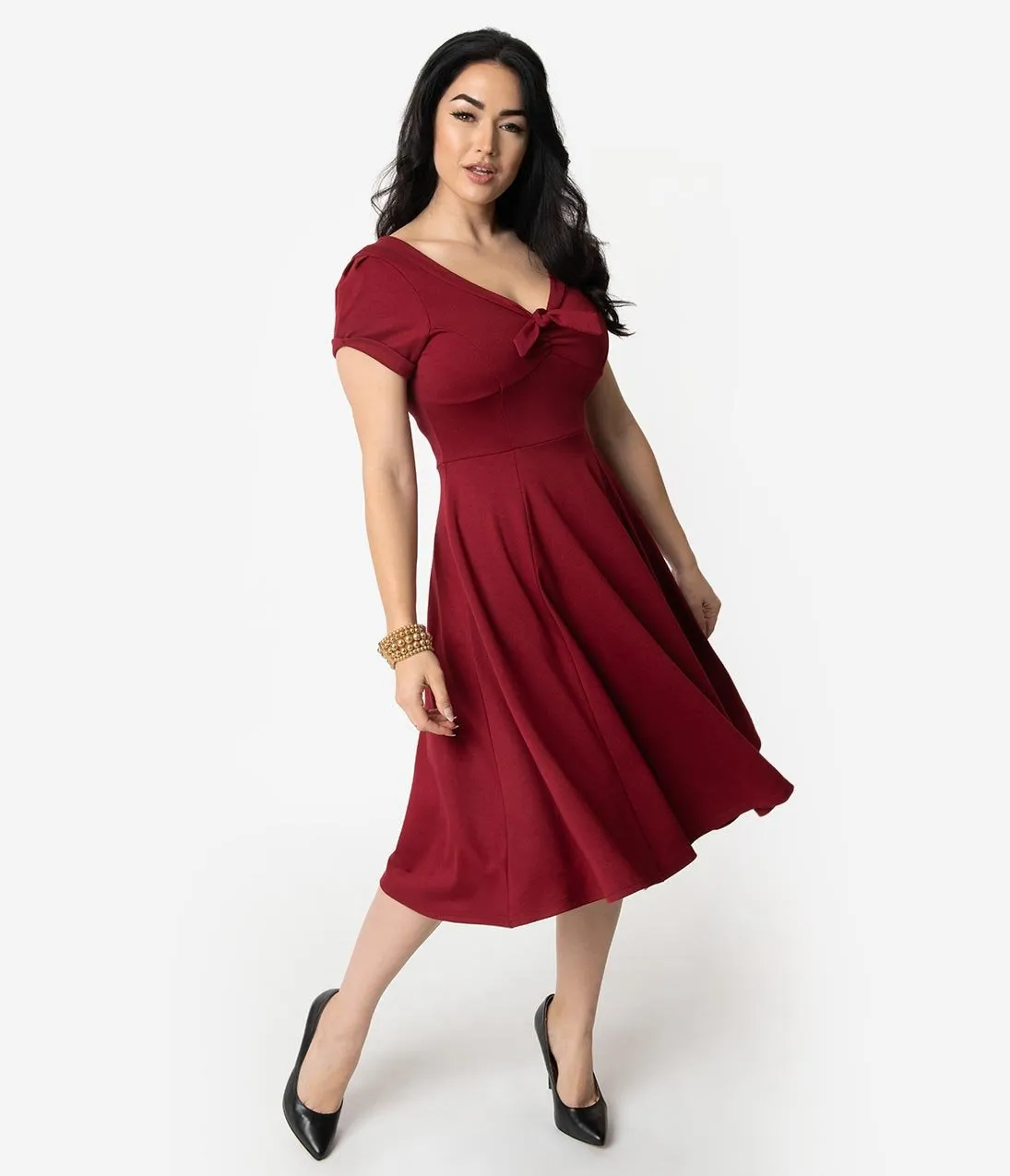 Unique Vintage 1940s Style Burgundy Knit Short Sleeve Natalie Swing Dress