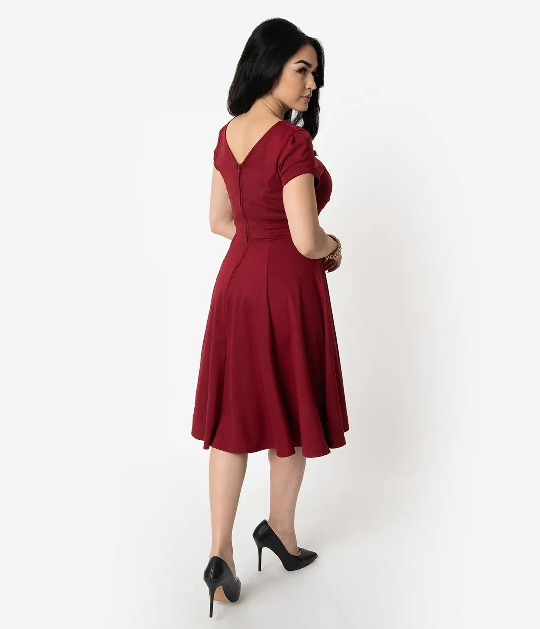 Unique Vintage 1940s Style Burgundy Knit Short Sleeve Natalie Swing Dress