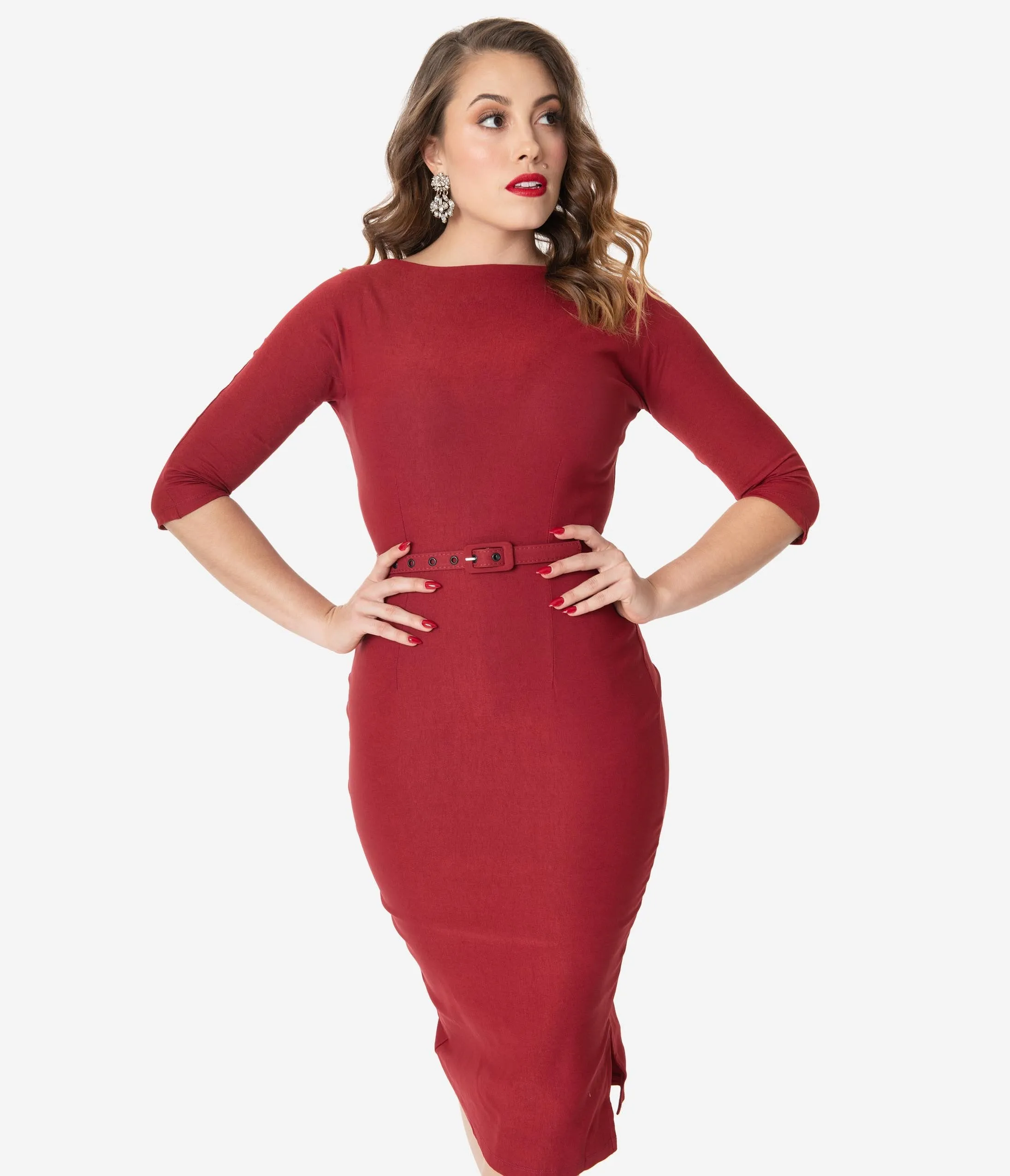 Unique Vintage 1940s Style Red Sleeved Adelia Wiggle Dress