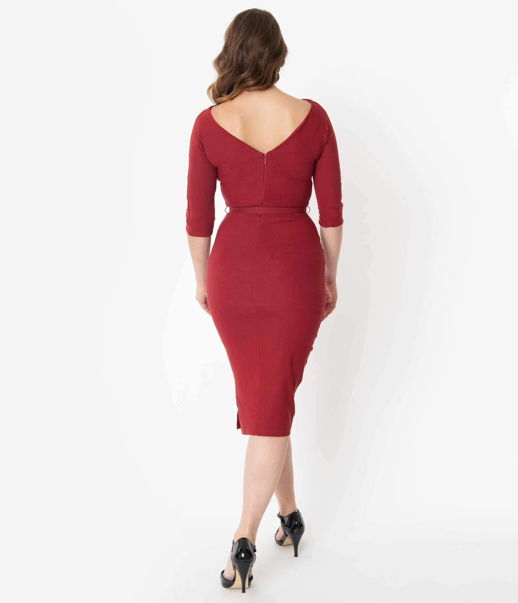 Unique Vintage 1940s Style Red Sleeved Adelia Wiggle Dress