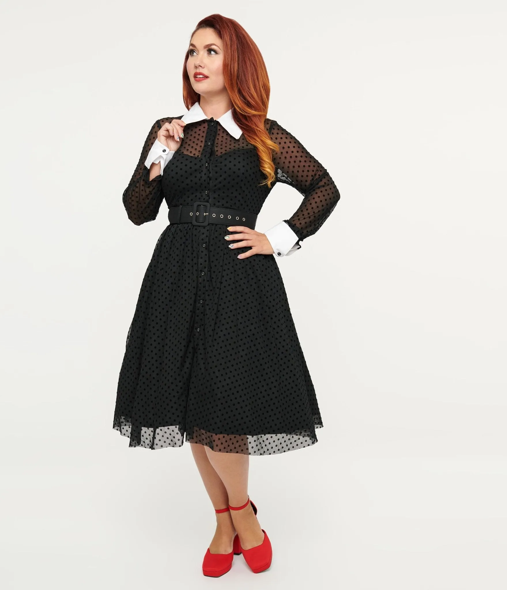 Unique Vintage 1950s Black Polka Dot Tulle Swing Dress