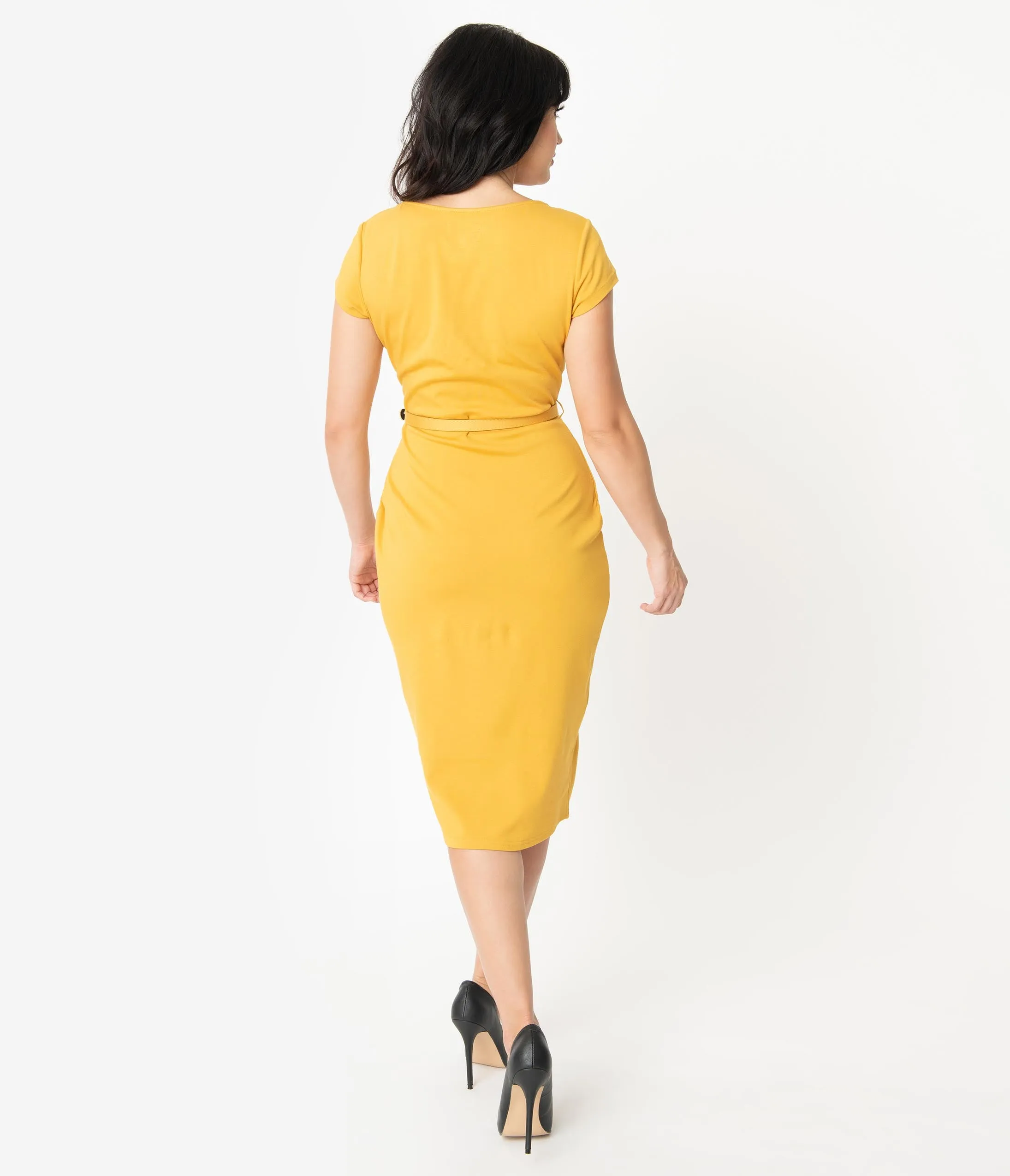 Unique Vintage 1950s Mustard Sweetheart Dianne Wiggle Dress