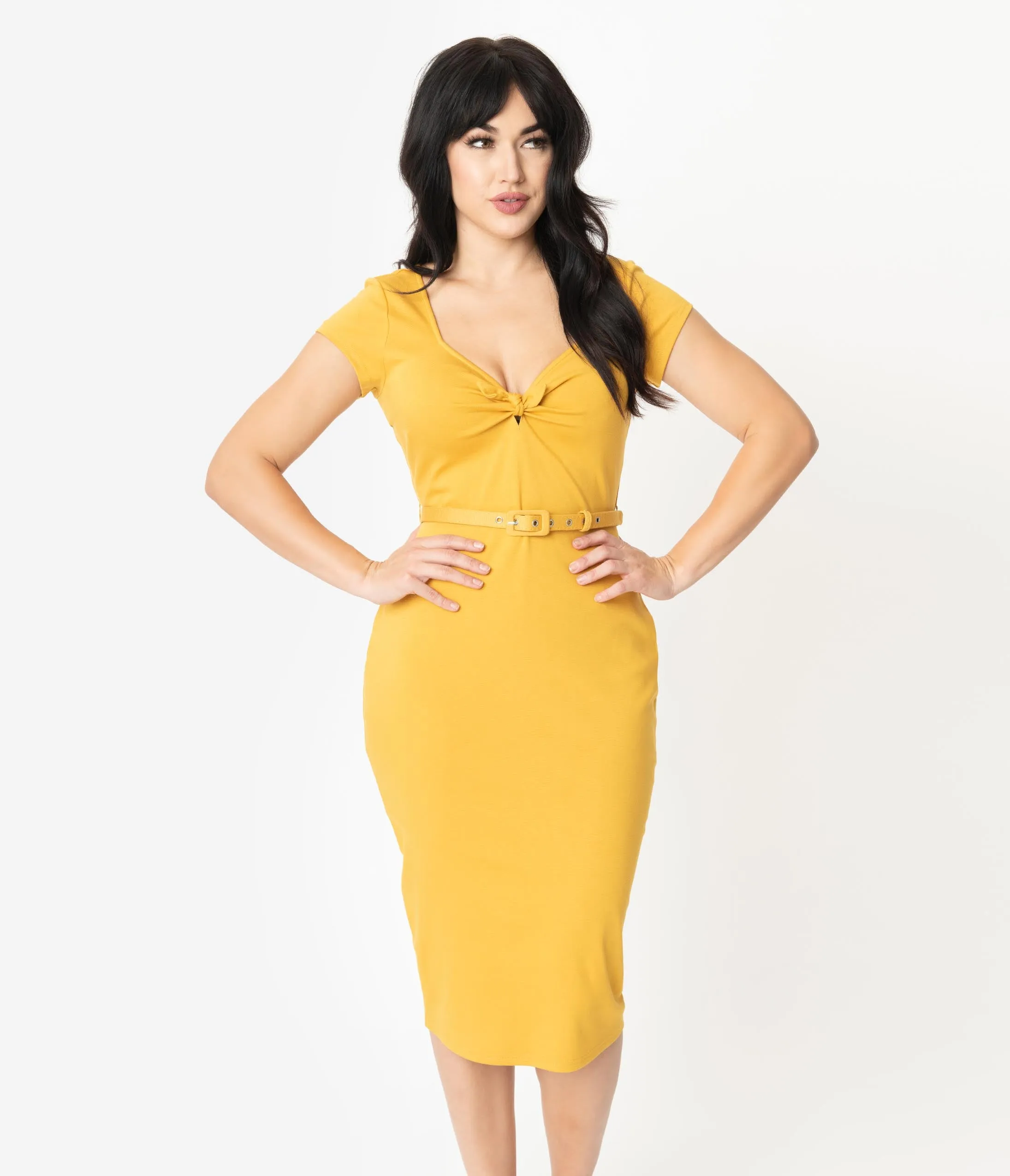 Unique Vintage 1950s Mustard Sweetheart Dianne Wiggle Dress