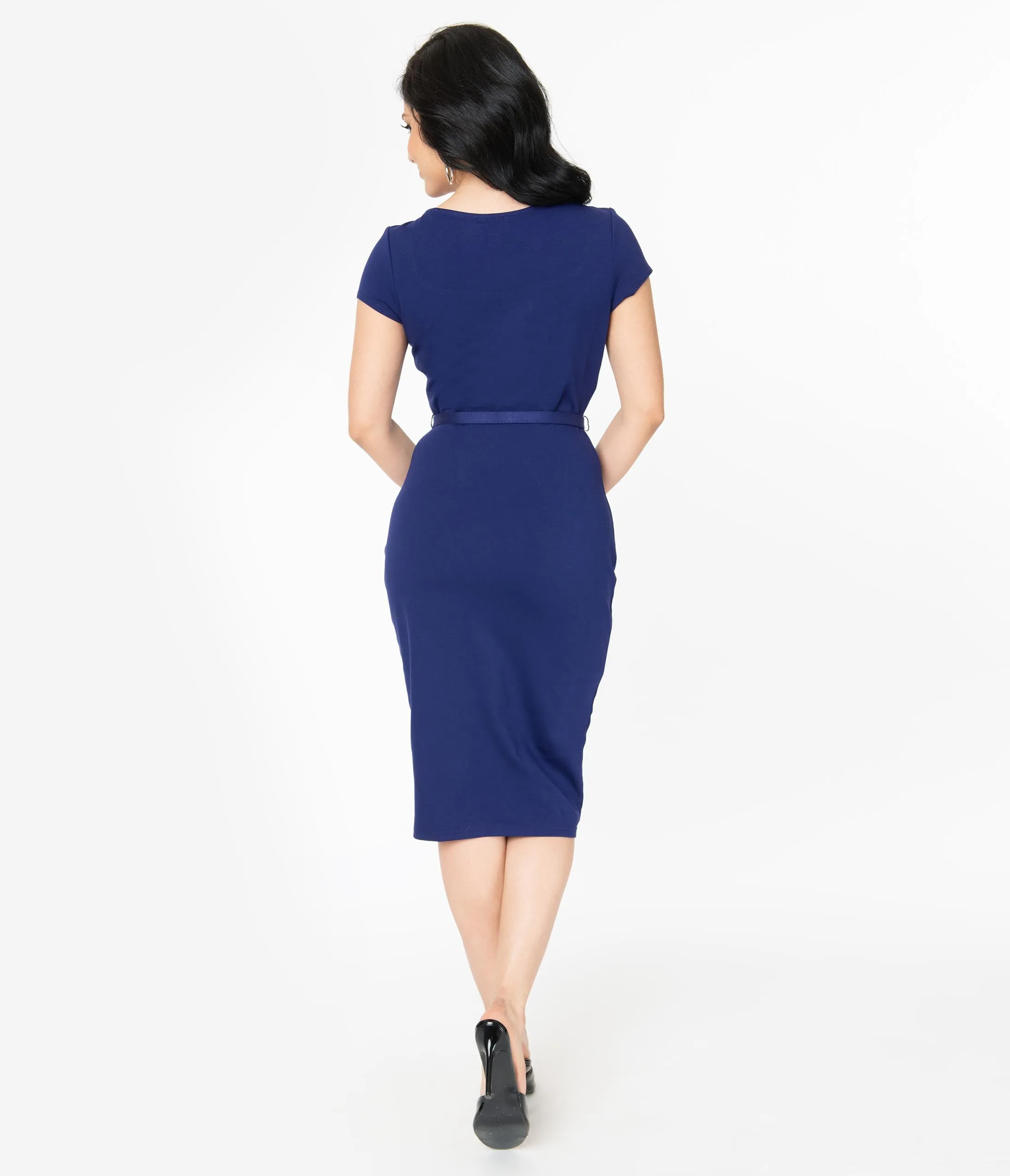 Unique Vintage 1950s Navy Sweetheart Dianne Wiggle Dress