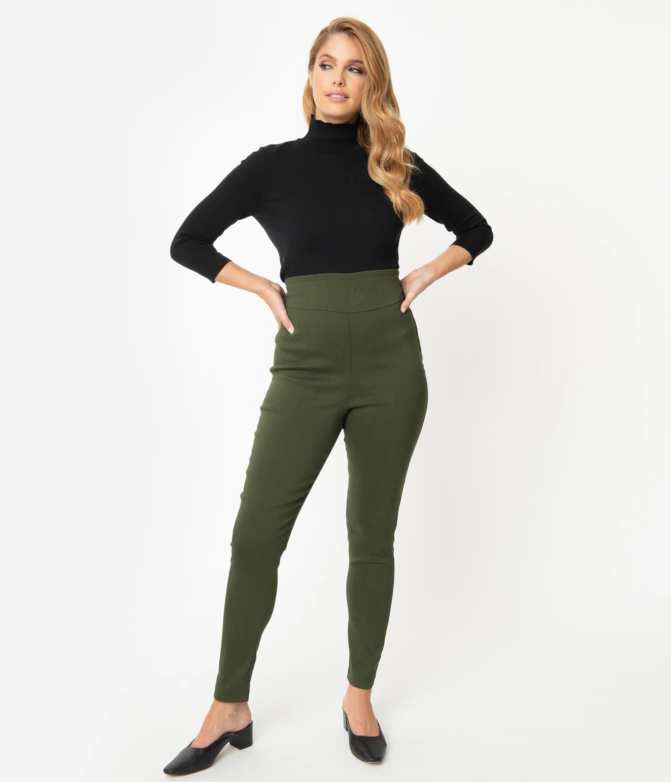 Unique Vintage Army Green Stretch High Waist Rizzo Cigarette Pants