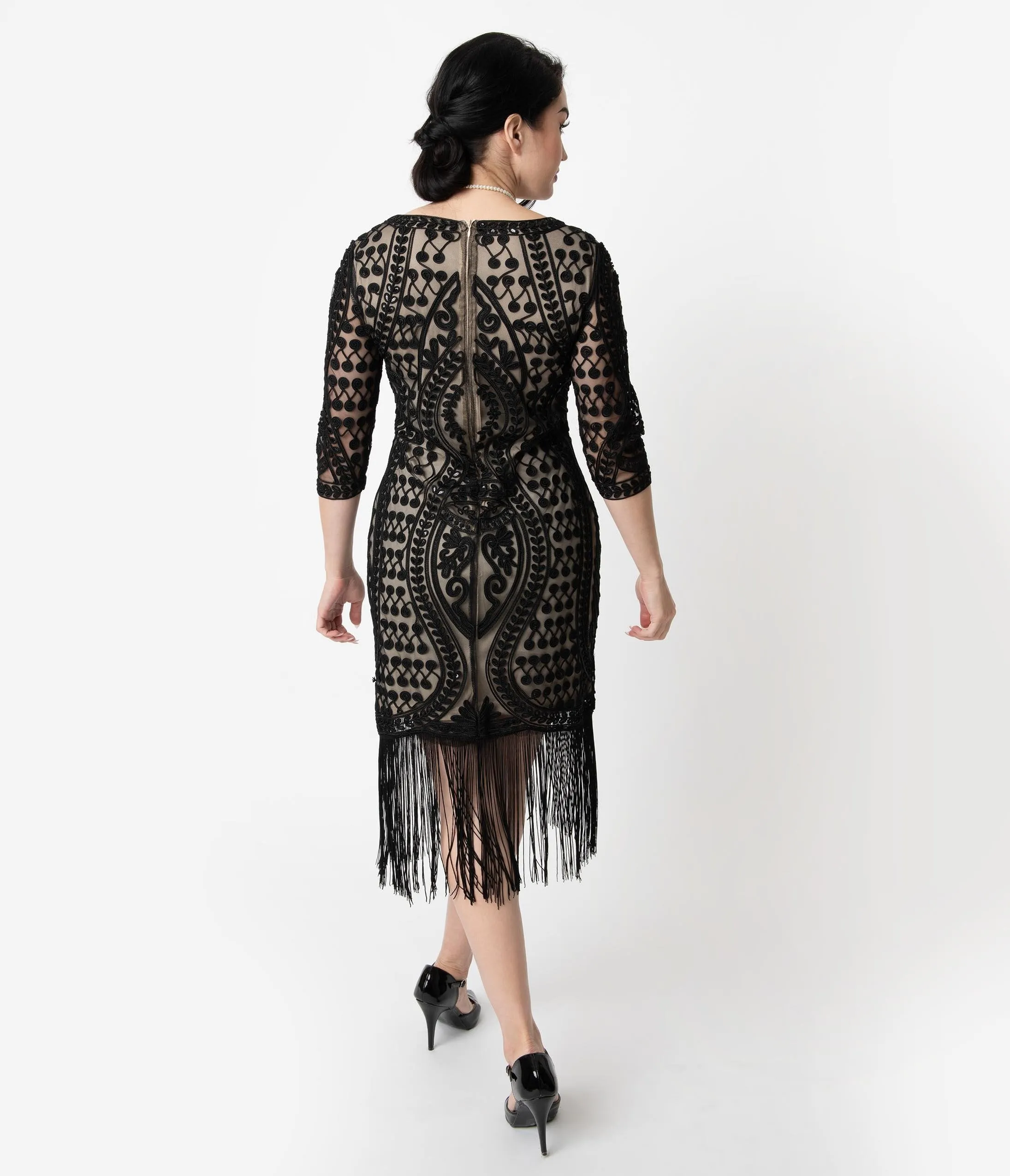 Unique Vintage Beige & Black Embroidered Deco Eugenia Fringe Flapper Dress