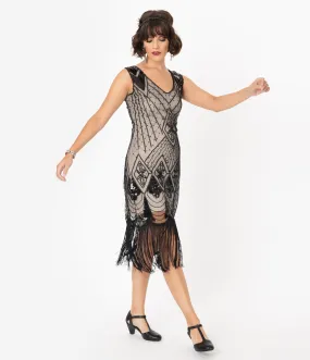 Unique Vintage Beige & Black Sequin Lina Fringe Flapper Dress