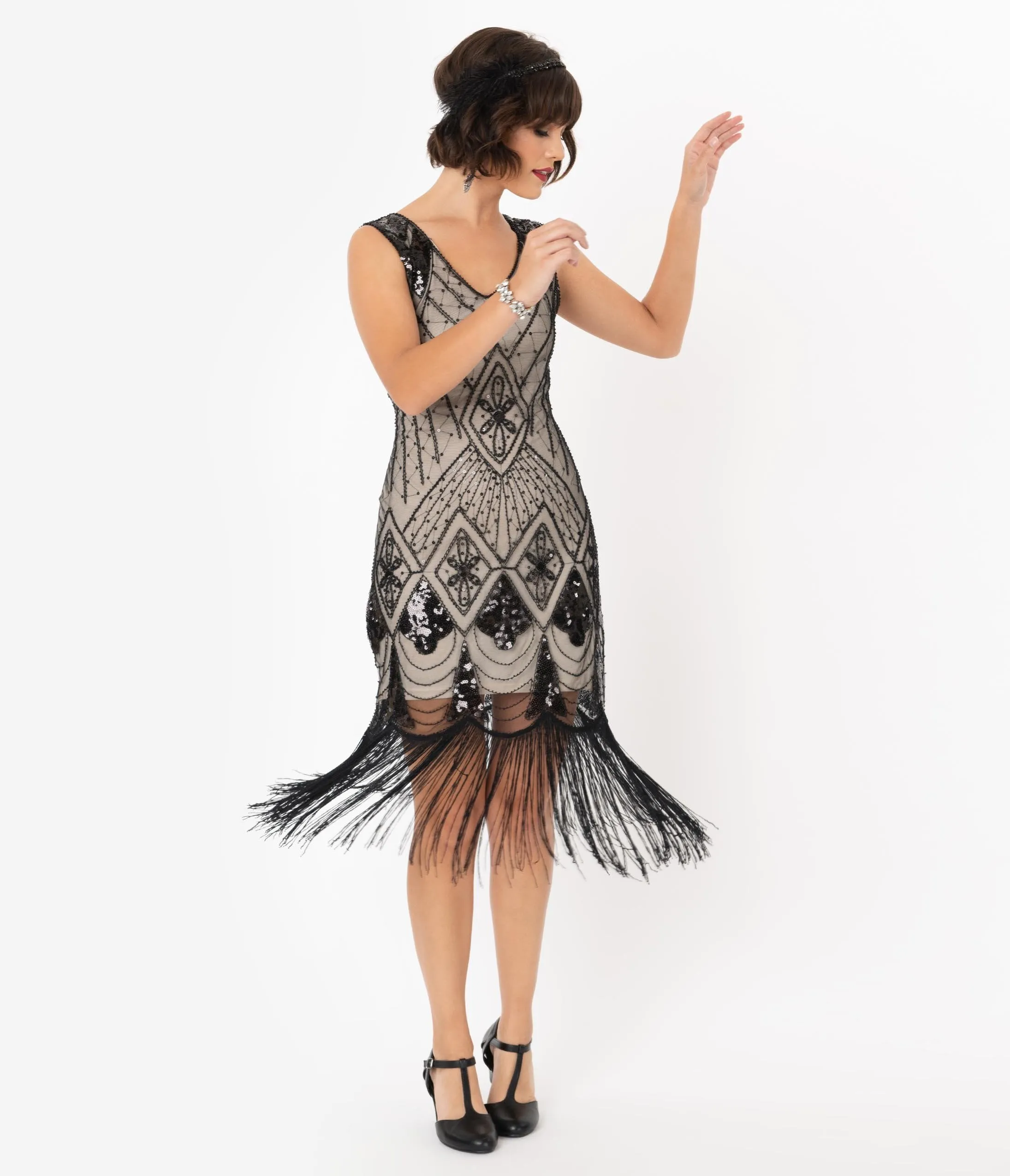 Unique Vintage Beige & Black Sequin Lina Fringe Flapper Dress