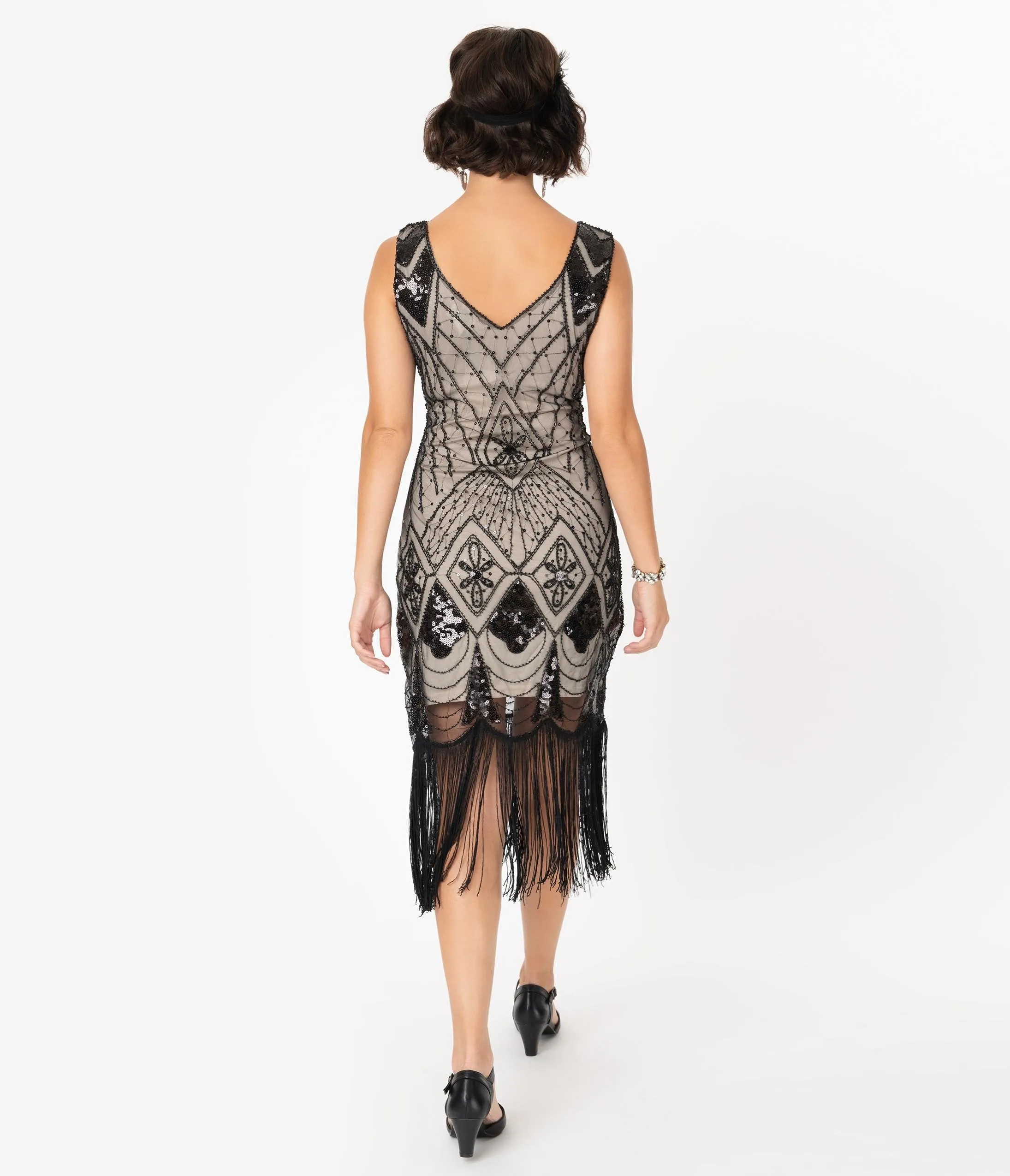 Unique Vintage Beige & Black Sequin Lina Fringe Flapper Dress