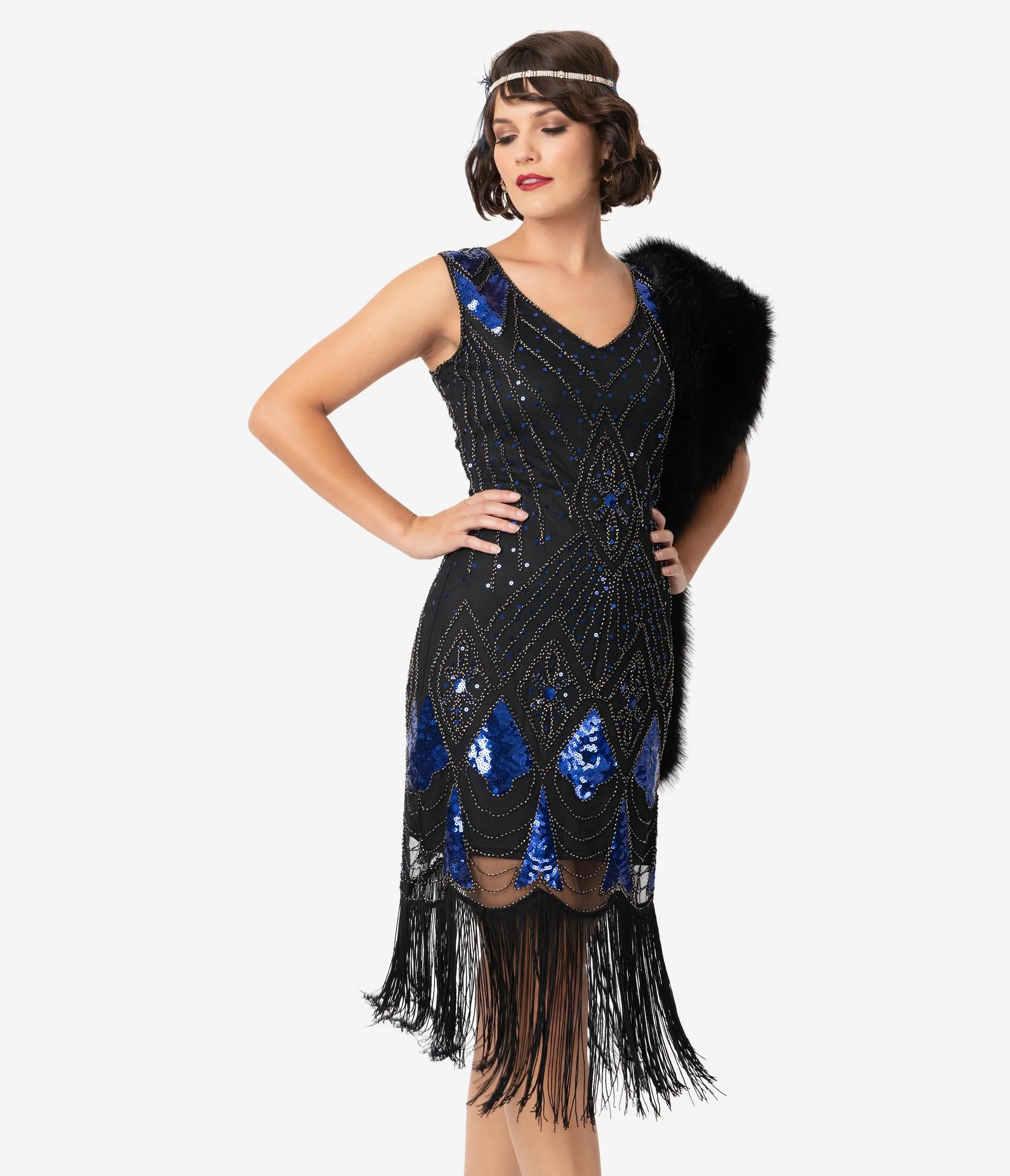 Unique Vintage Black & Blue Sequin Lina Fringe Flapper Dress