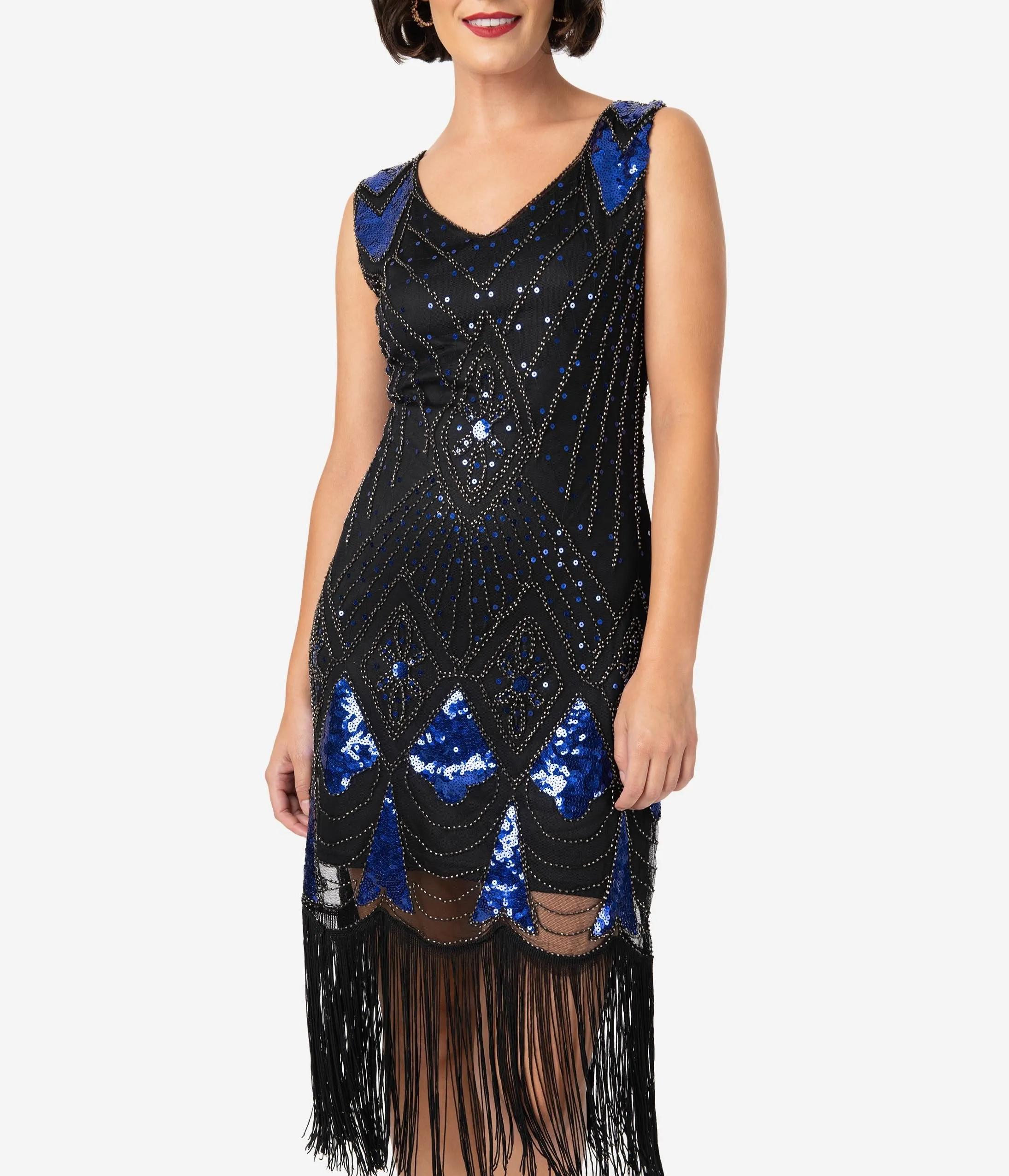 Unique Vintage Black & Blue Sequin Lina Fringe Flapper Dress