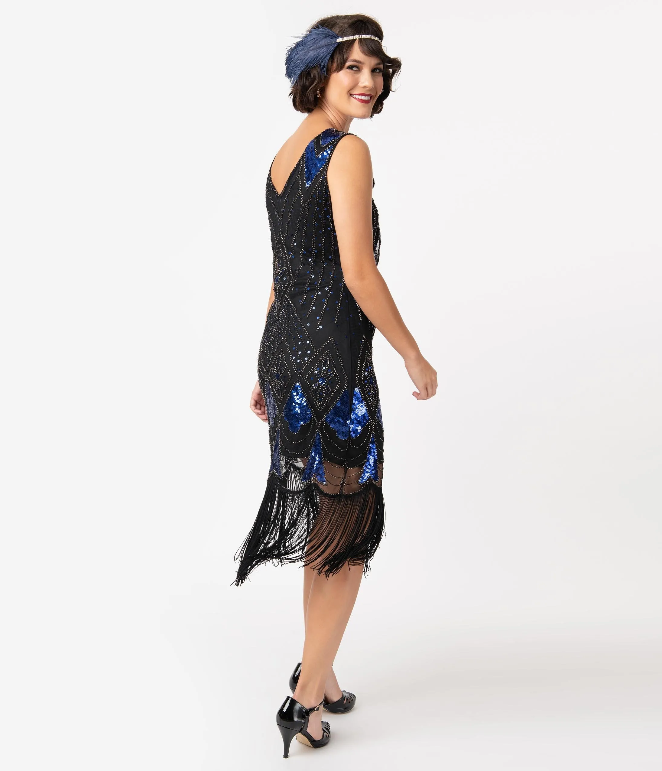 Unique Vintage Black & Blue Sequin Lina Fringe Flapper Dress