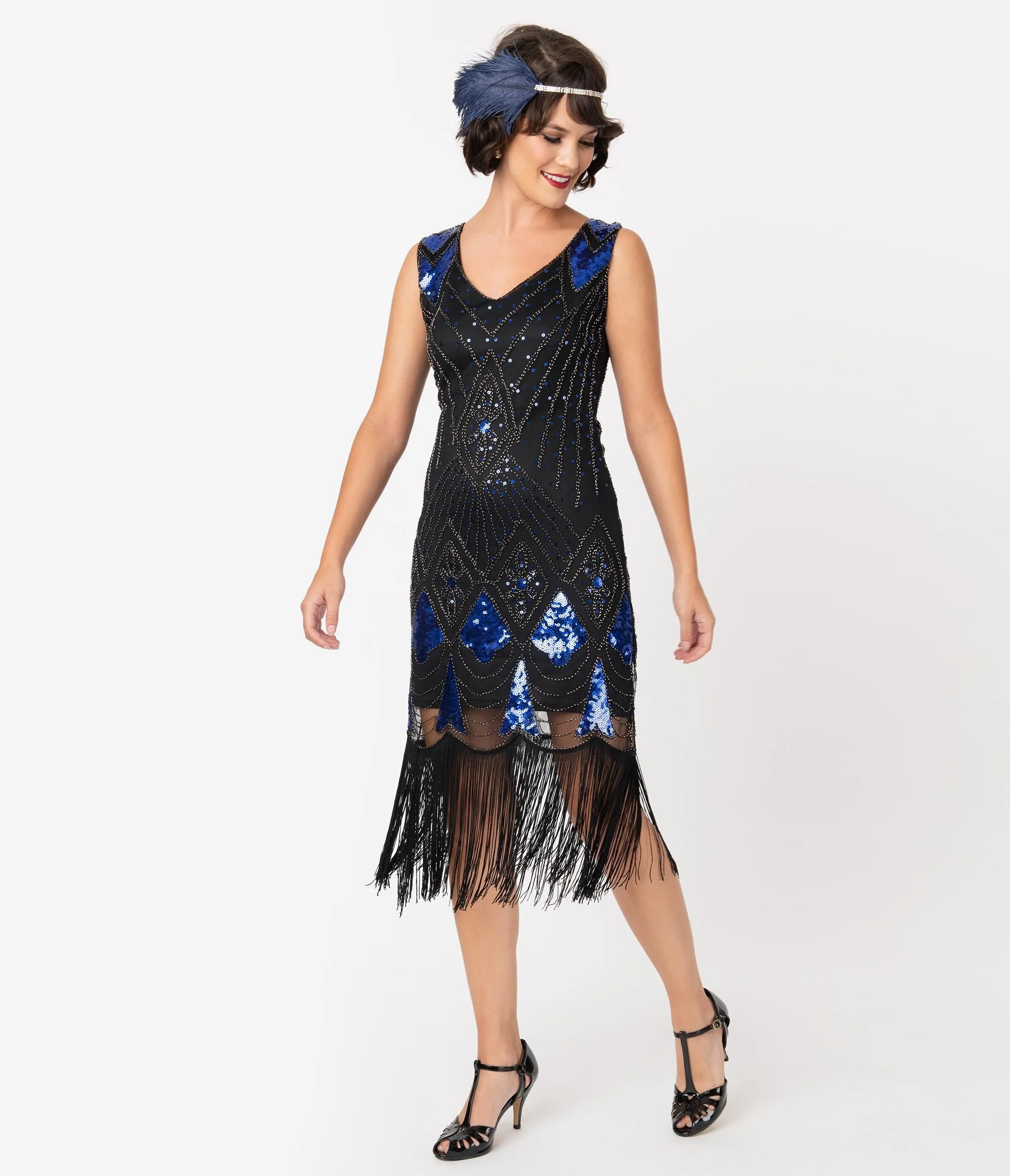 Unique Vintage Black & Blue Sequin Lina Fringe Flapper Dress