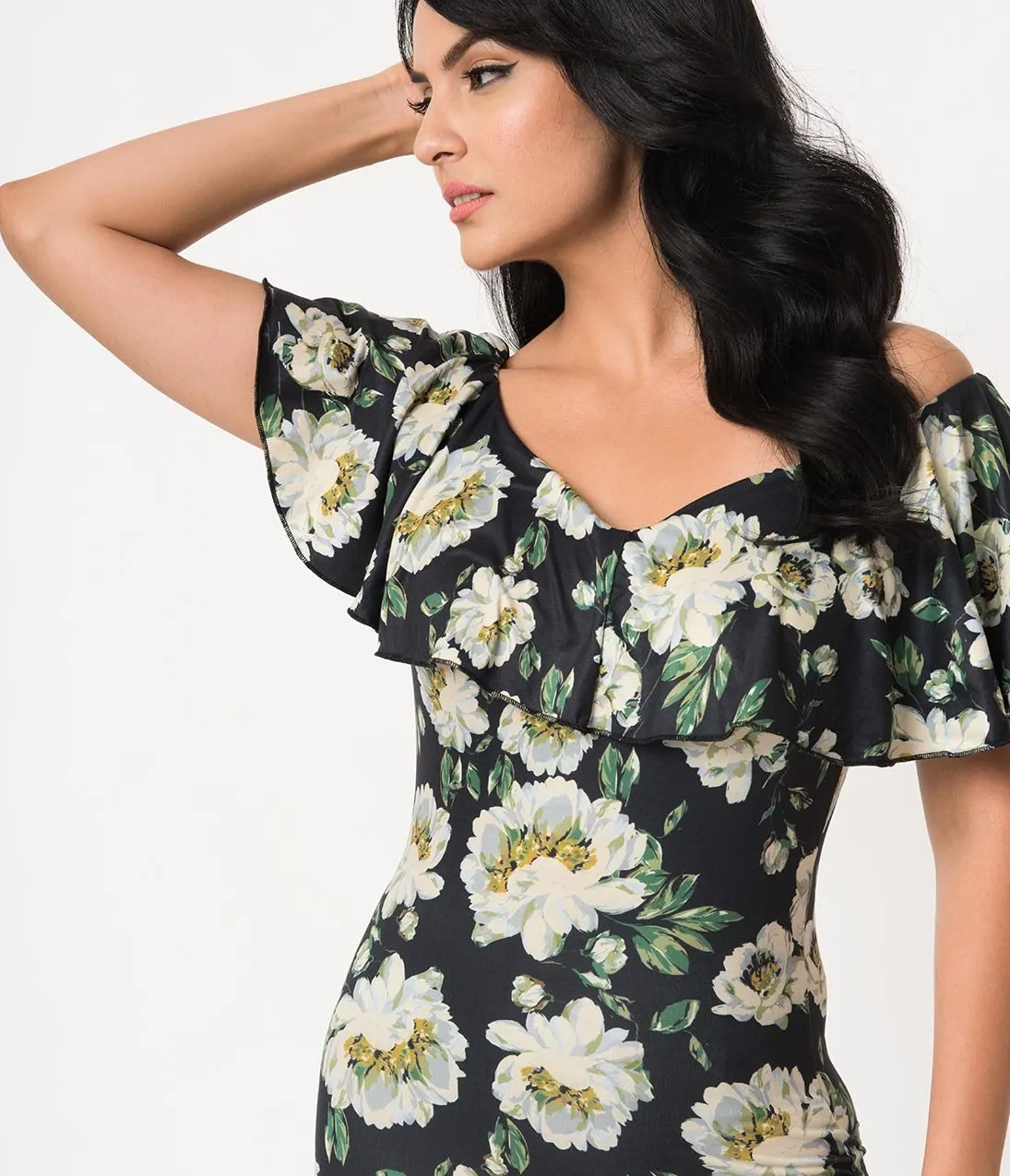 Unique Vintage Black & Ivory Floral Knit Ruffle Sophia Wiggle Dress