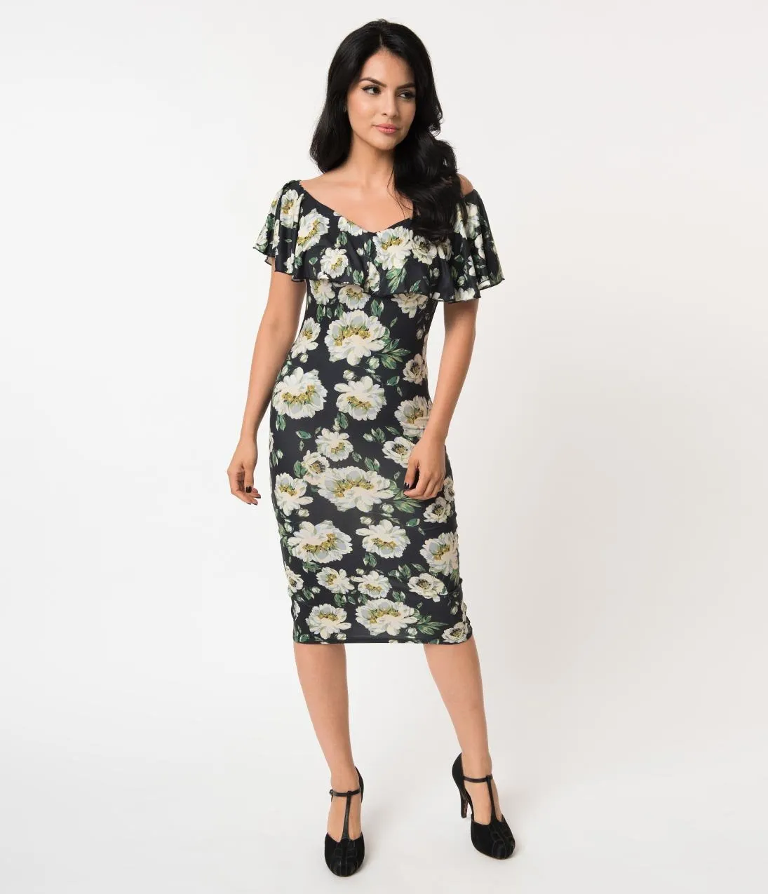 Unique Vintage Black & Ivory Floral Knit Ruffle Sophia Wiggle Dress