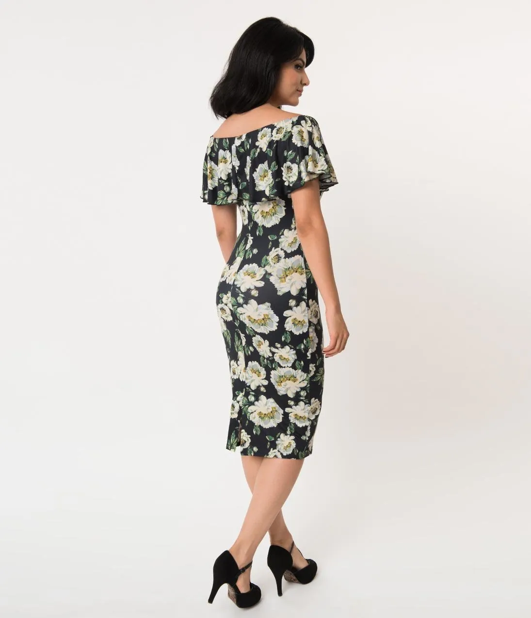 Unique Vintage Black & Ivory Floral Knit Ruffle Sophia Wiggle Dress