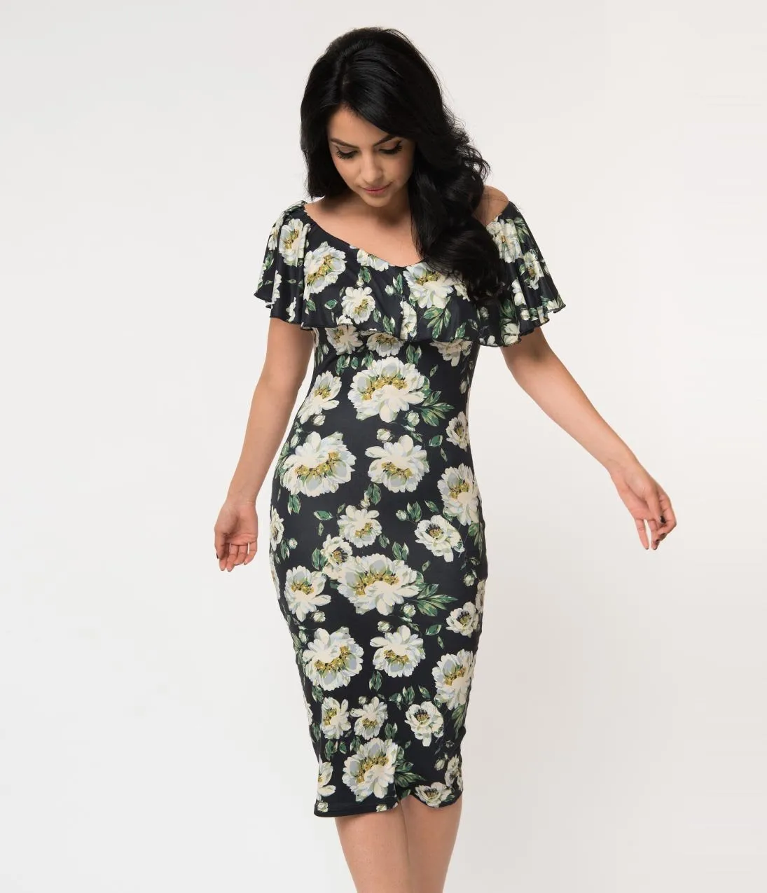 Unique Vintage Black & Ivory Floral Knit Ruffle Sophia Wiggle Dress