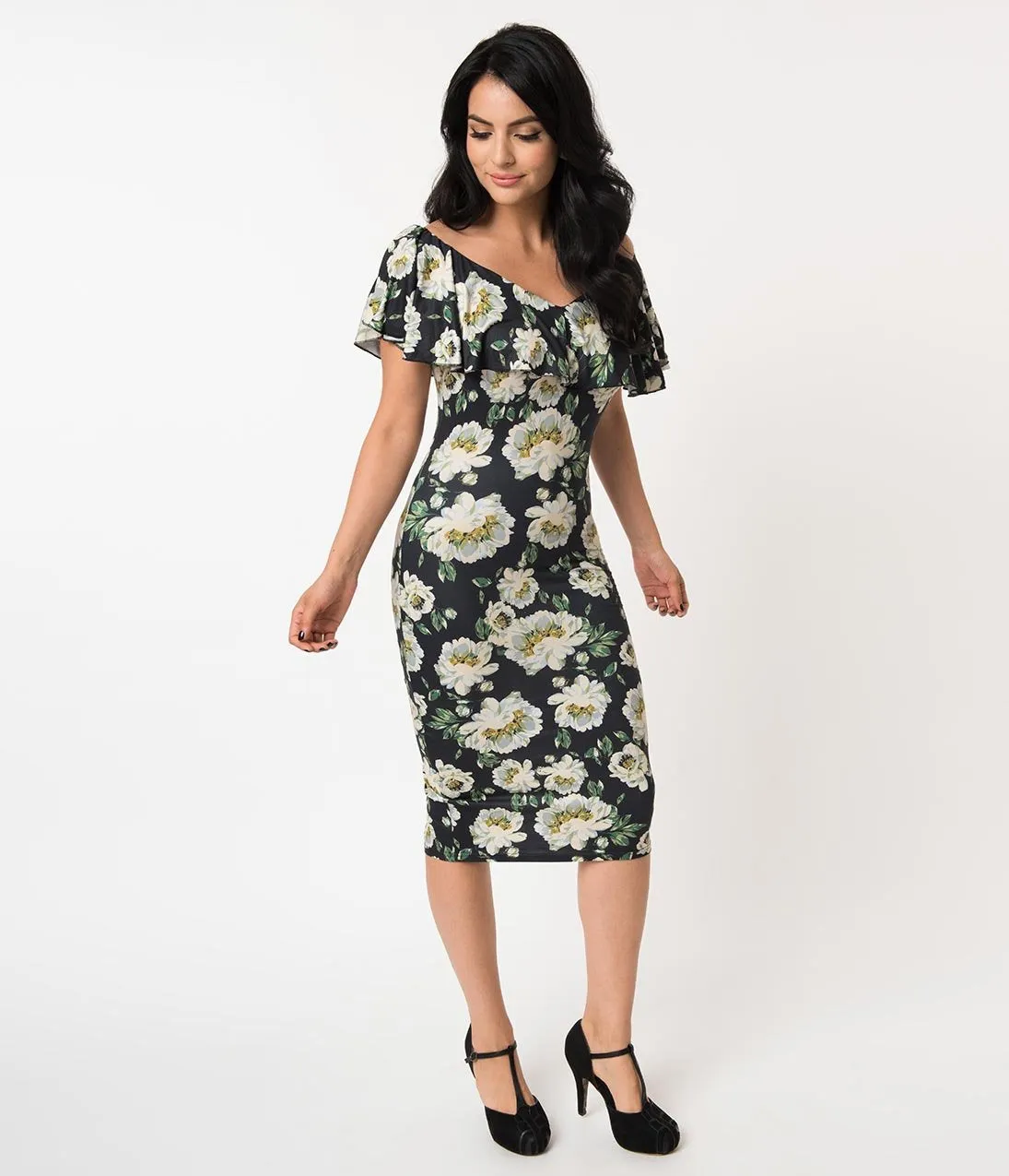 Unique Vintage Black & Ivory Floral Knit Ruffle Sophia Wiggle Dress