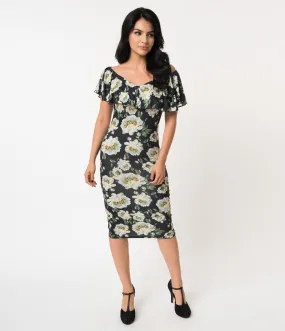 Unique Vintage Black & Ivory Floral Knit Ruffle Sophia Wiggle Dress