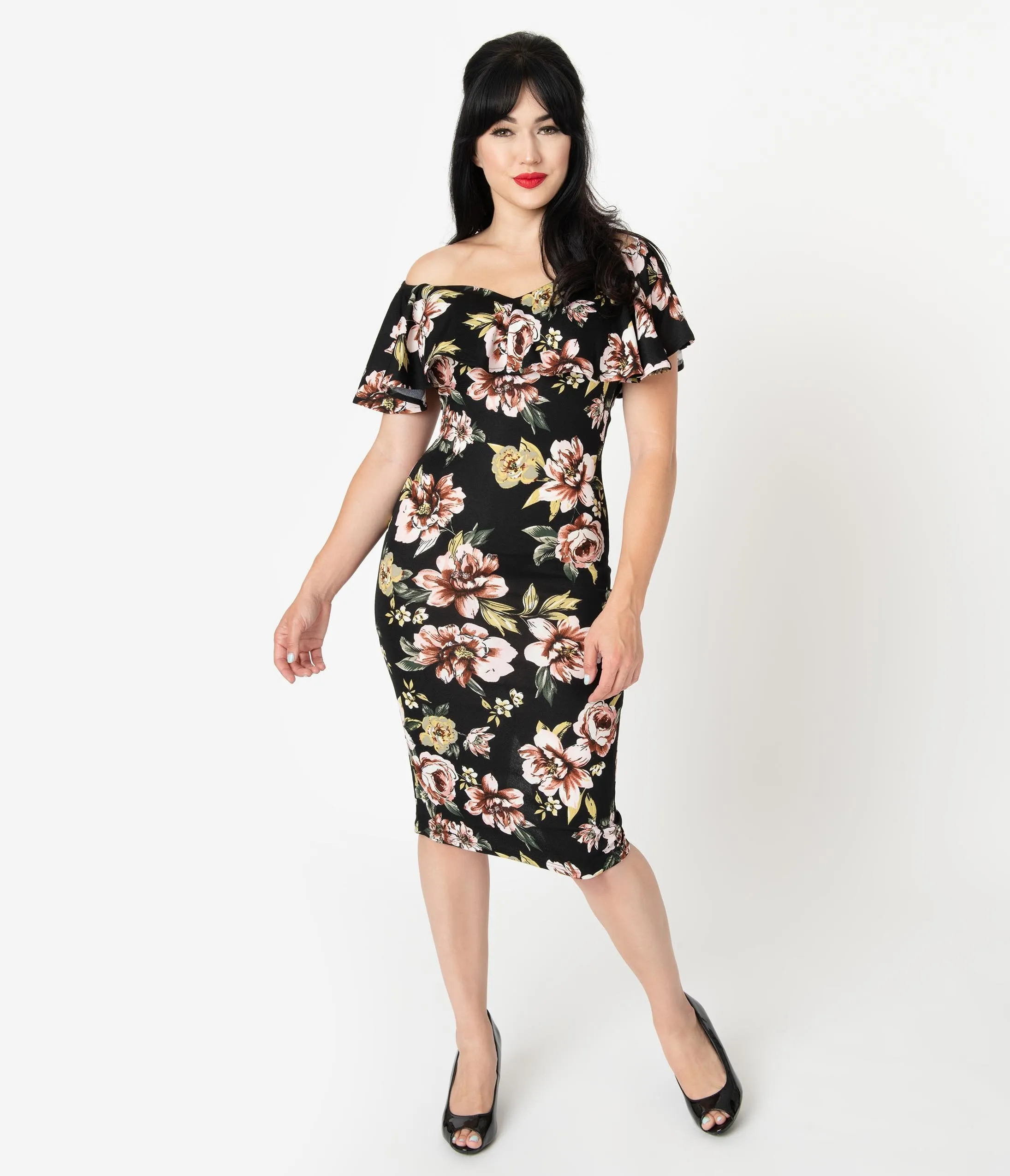 Unique Vintage Black & Pink Floral Knit Ruffle Sophia Wiggle Dress