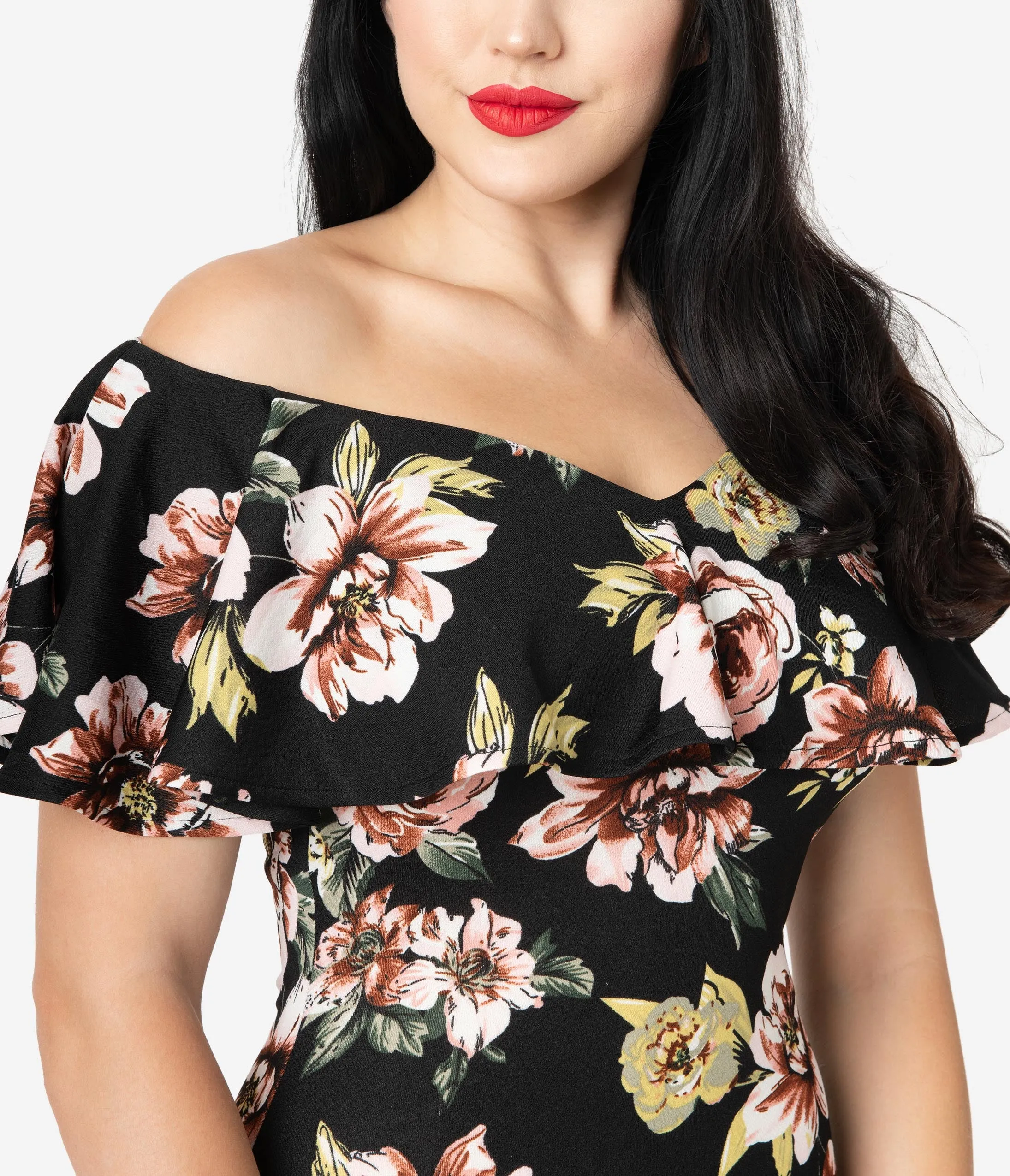 Unique Vintage Black & Pink Floral Knit Ruffle Sophia Wiggle Dress