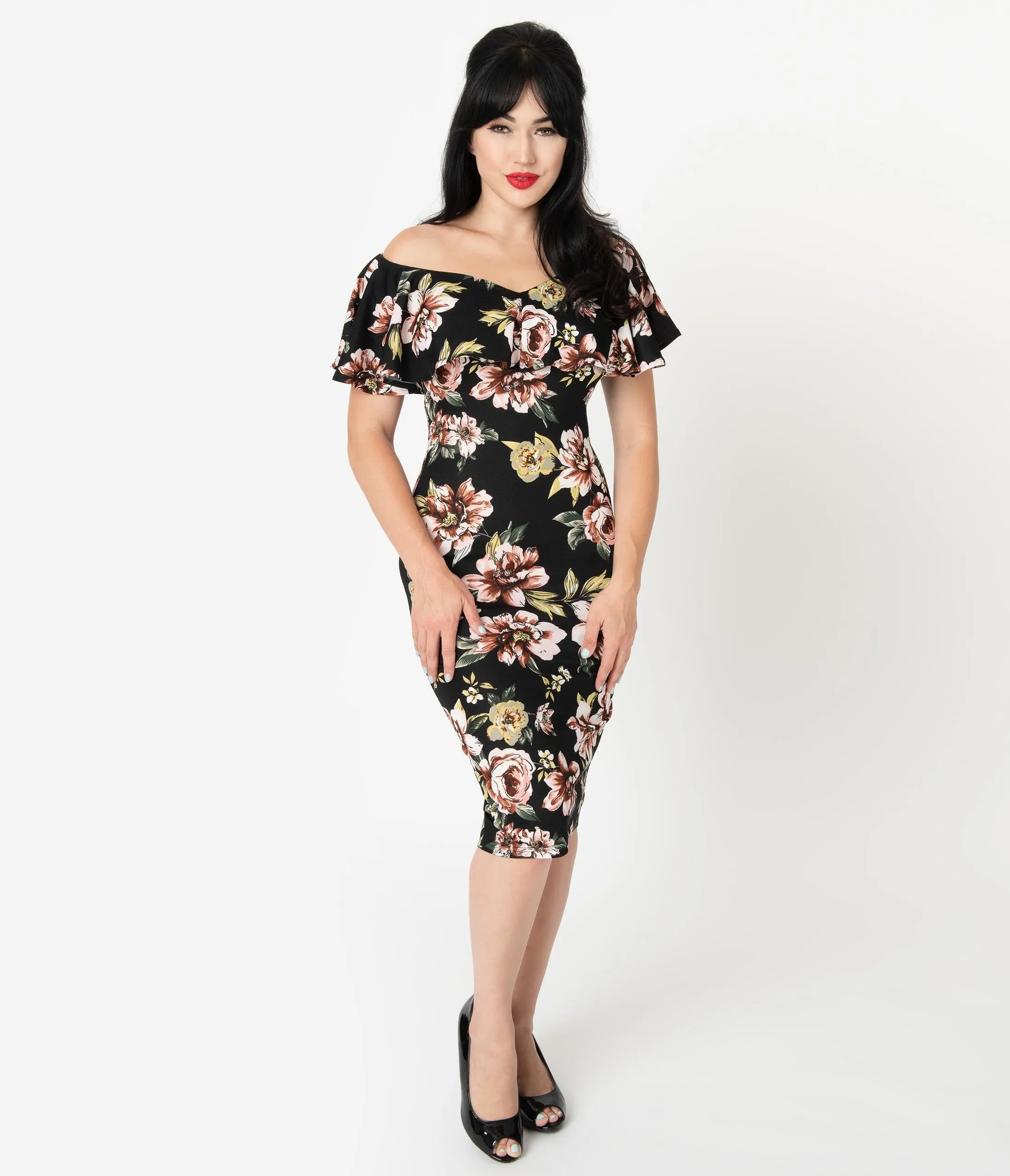 Unique Vintage Black & Pink Floral Knit Ruffle Sophia Wiggle Dress