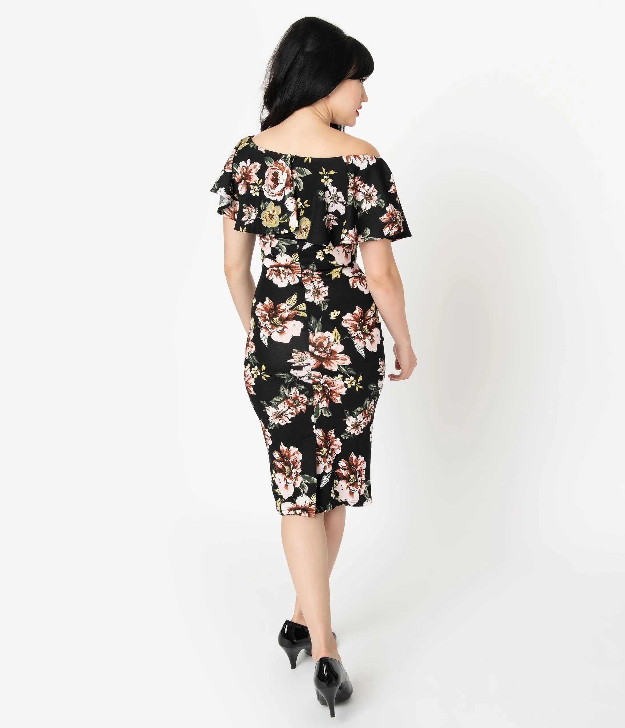 Unique Vintage Black & Pink Floral Knit Ruffle Sophia Wiggle Dress