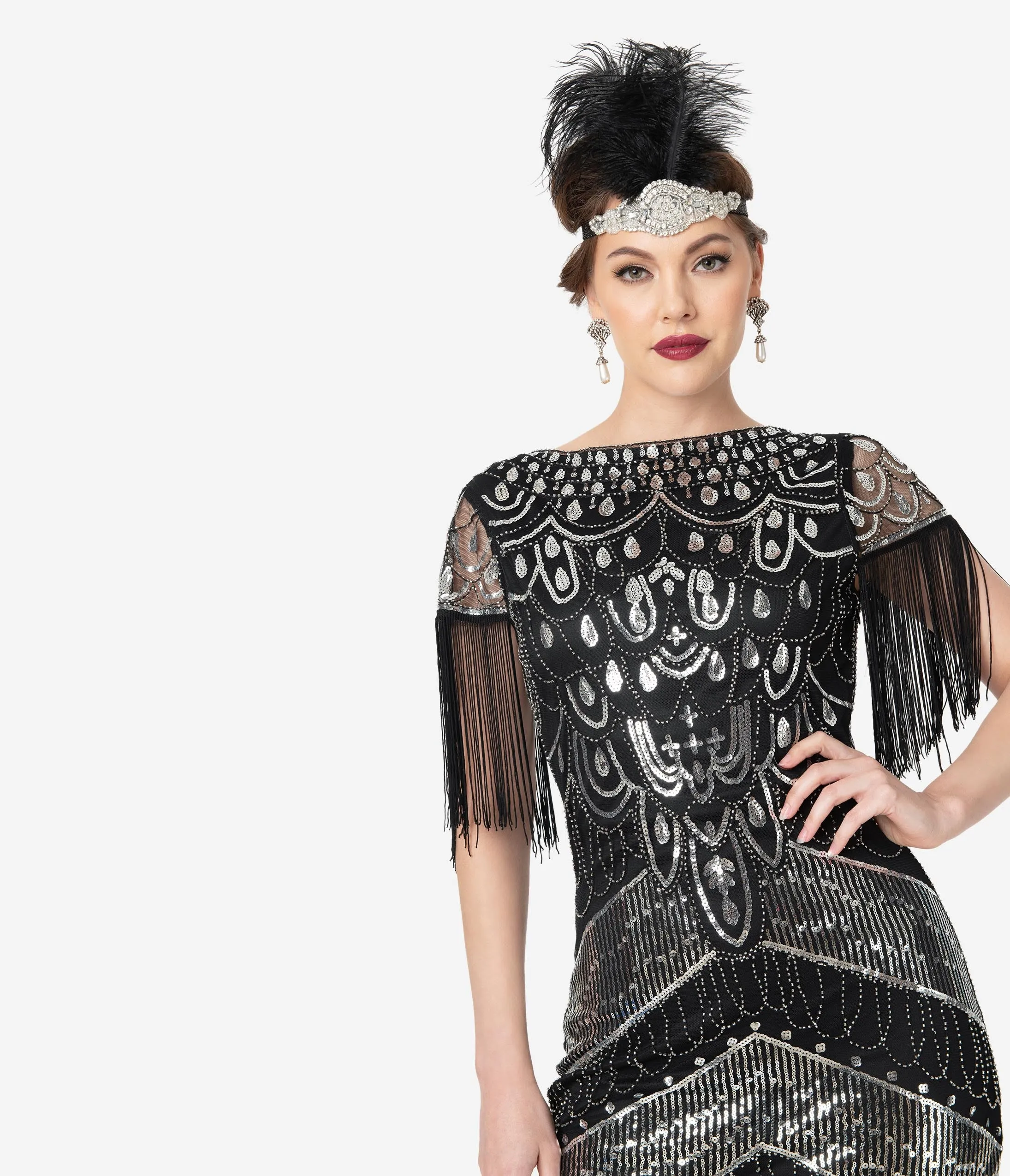 Unique Vintage Black & Silver Sequin Fringe Sleeved Laure Flapper Dress