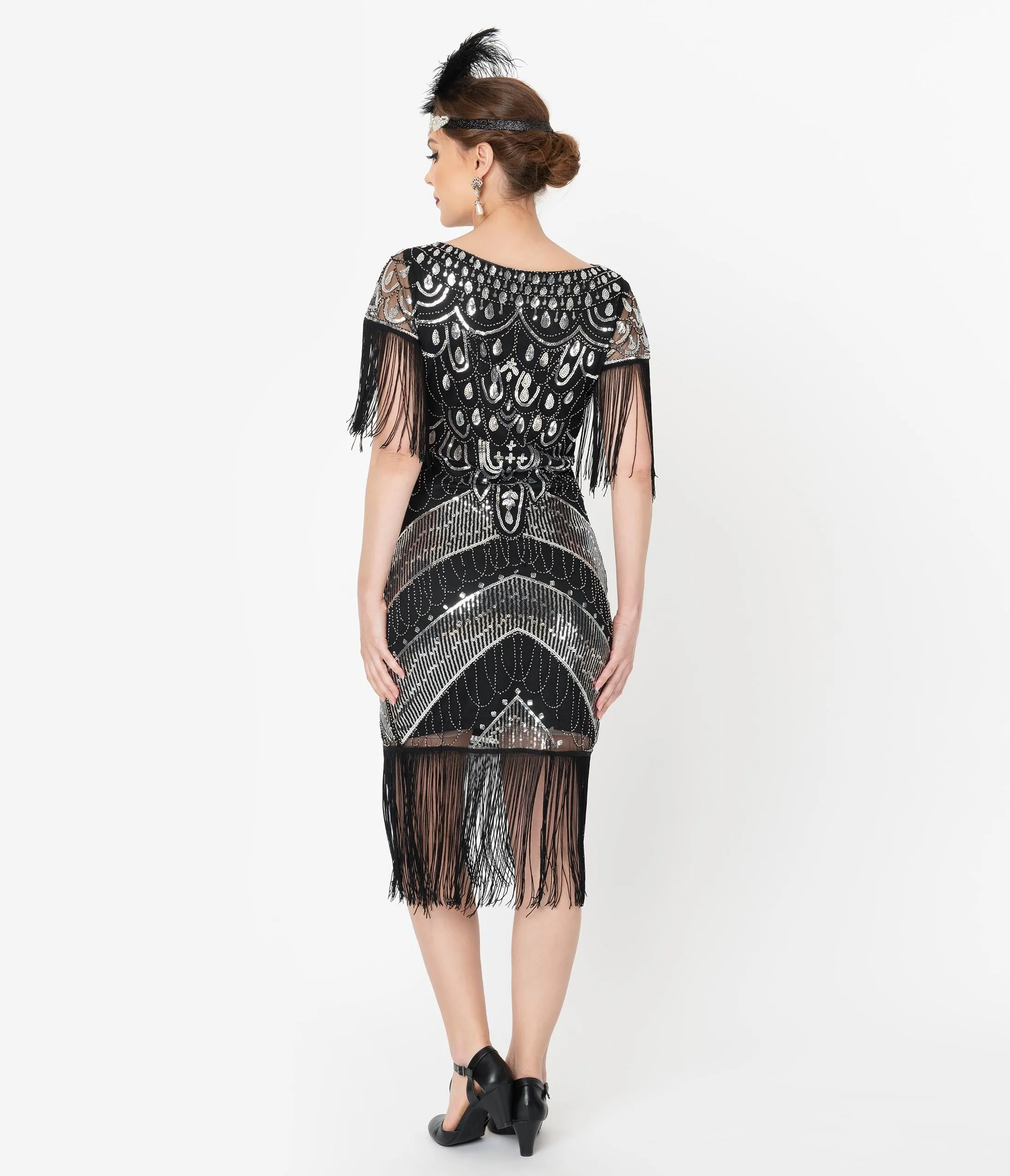 Unique Vintage Black & Silver Sequin Fringe Sleeved Laure Flapper Dress