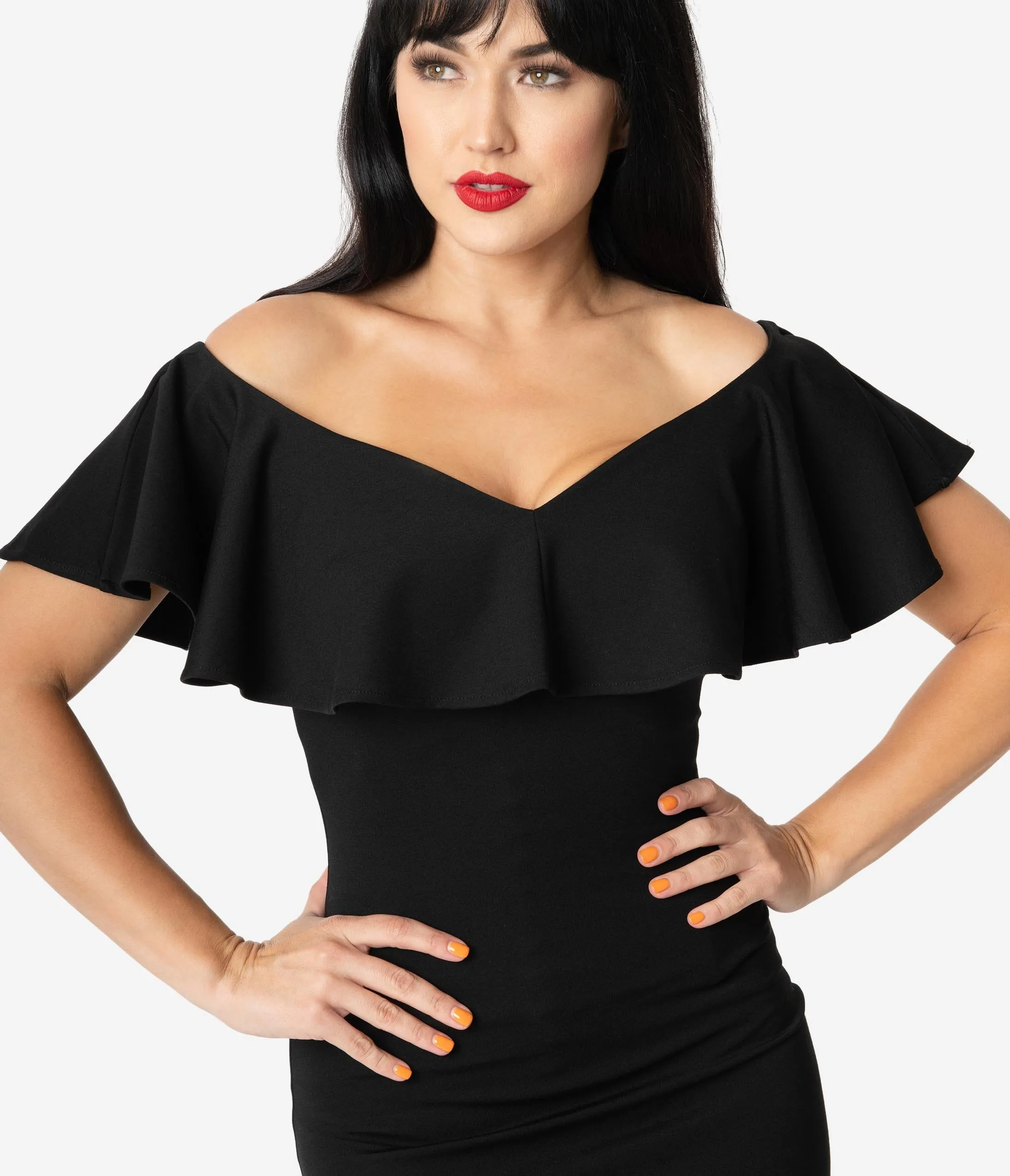 Unique Vintage Black Knit Ruffle Sophia Wiggle Dress