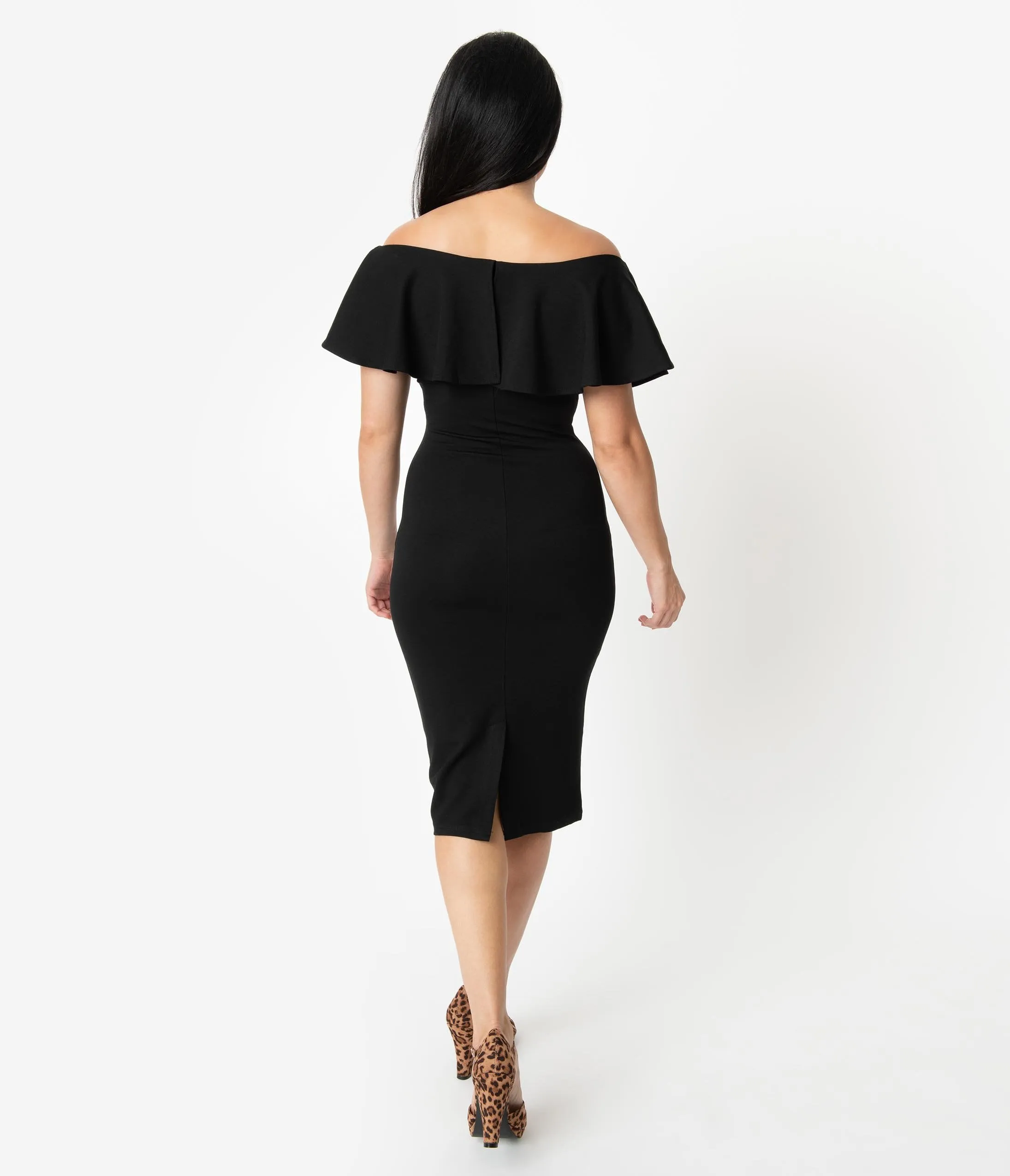 Unique Vintage Black Knit Ruffle Sophia Wiggle Dress