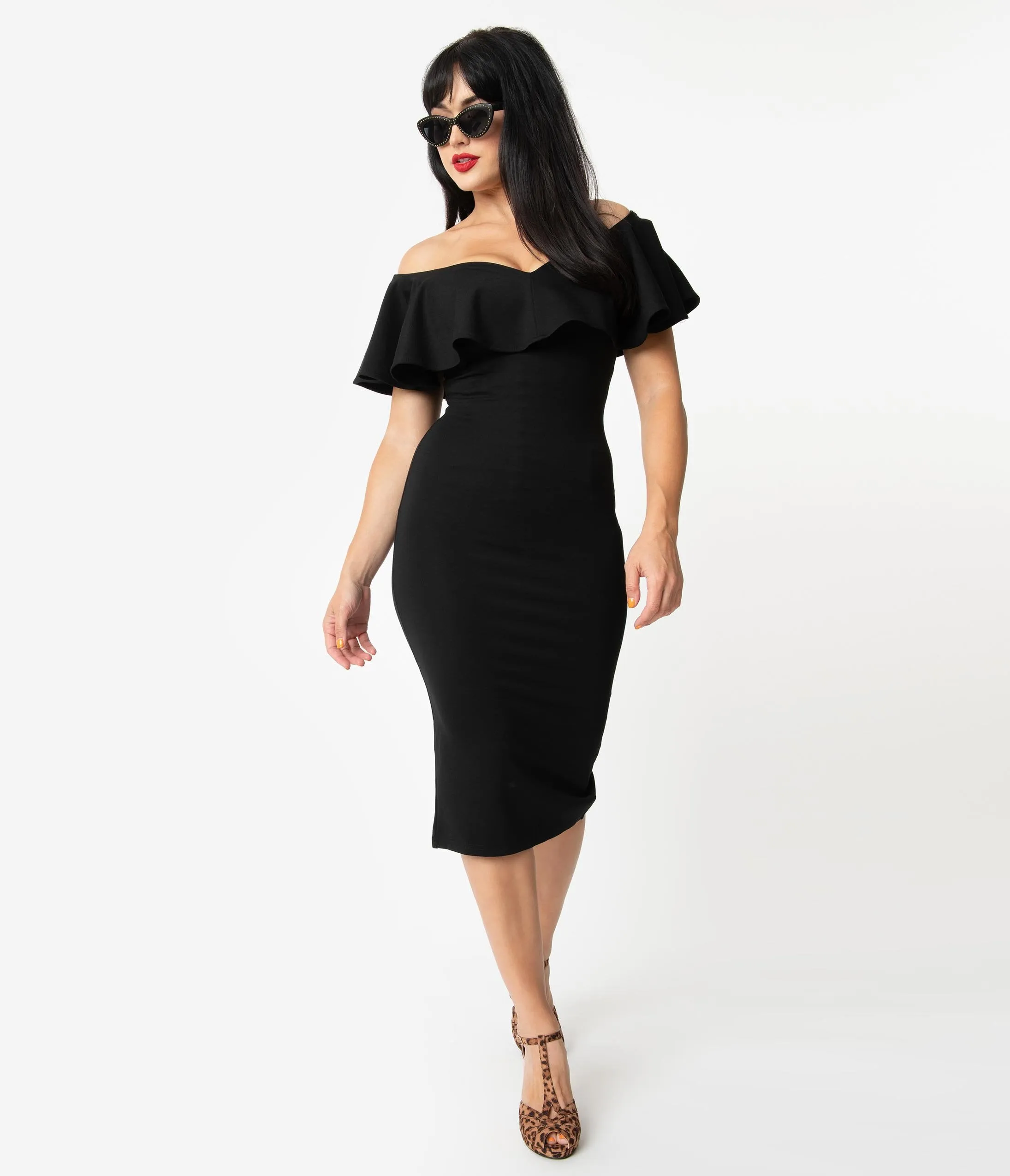 Unique Vintage Black Knit Ruffle Sophia Wiggle Dress