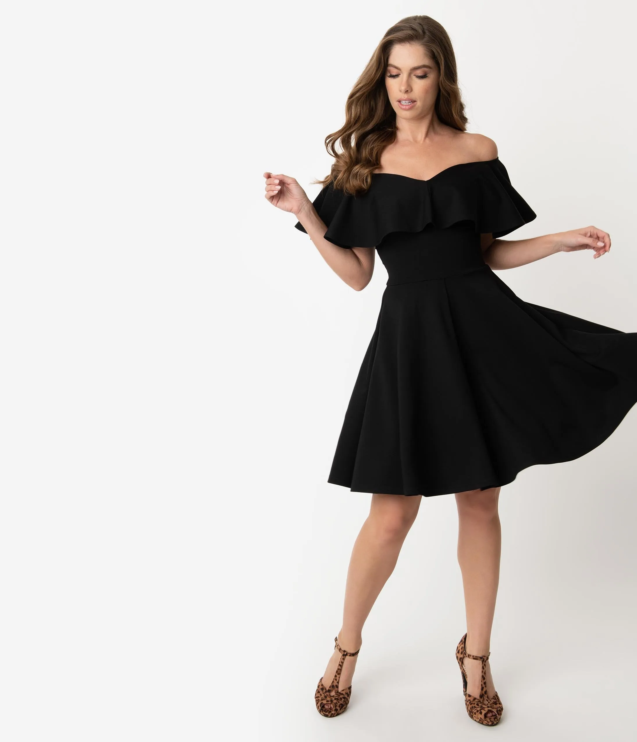 Unique Vintage Black Off Shoulder Ruffle Gidget Fit & Flare Dress