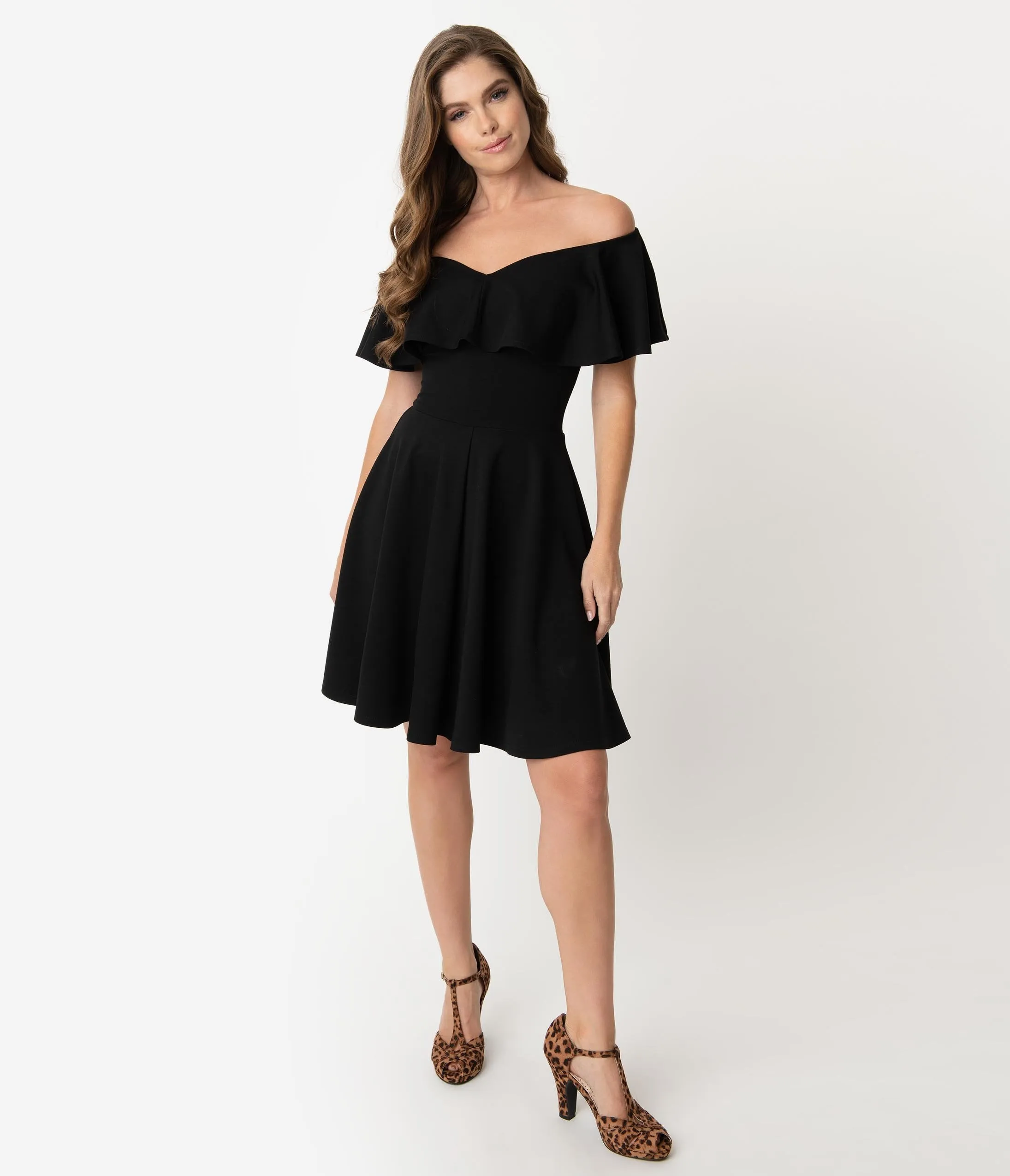 Unique Vintage Black Off Shoulder Ruffle Gidget Fit & Flare Dress