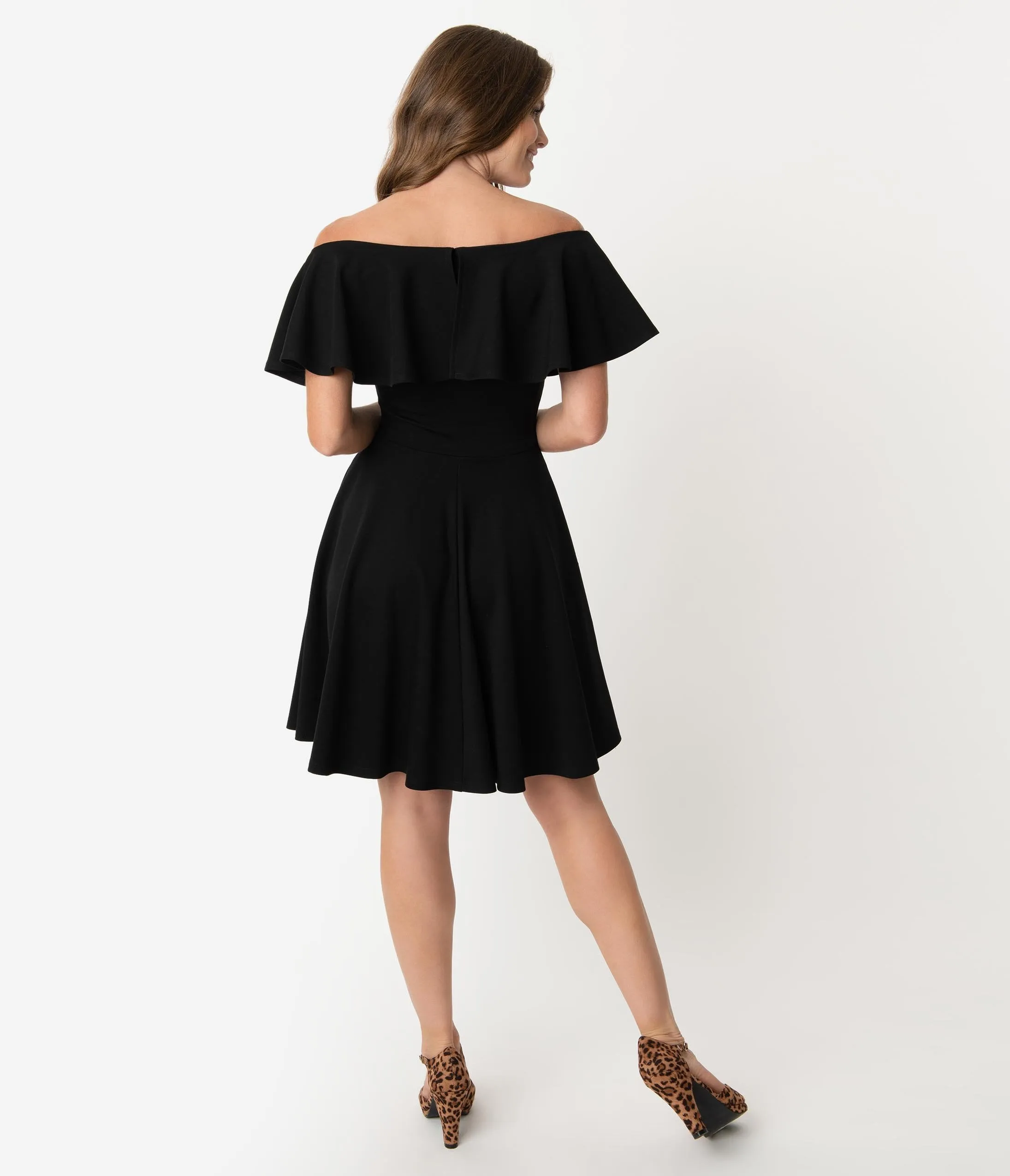 Unique Vintage Black Off Shoulder Ruffle Gidget Fit & Flare Dress