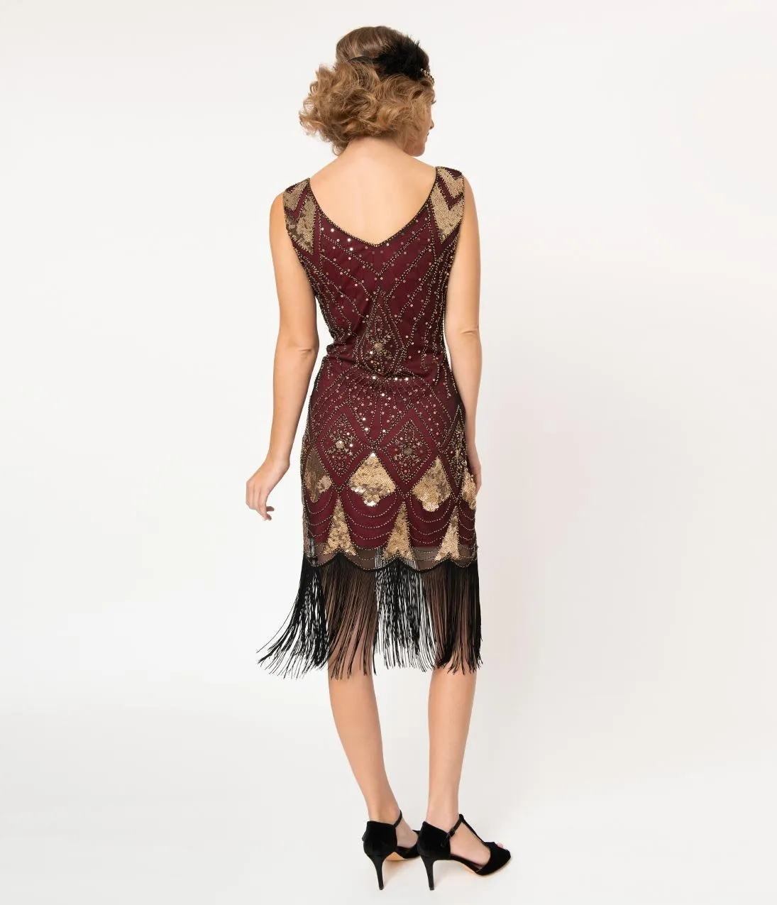 Unique Vintage Burgundy & Gold Sequin Lina Fringe Flapper Dress