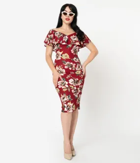 Unique Vintage Burgundy Floral Knit Ruffle Sophia Wiggle Dress