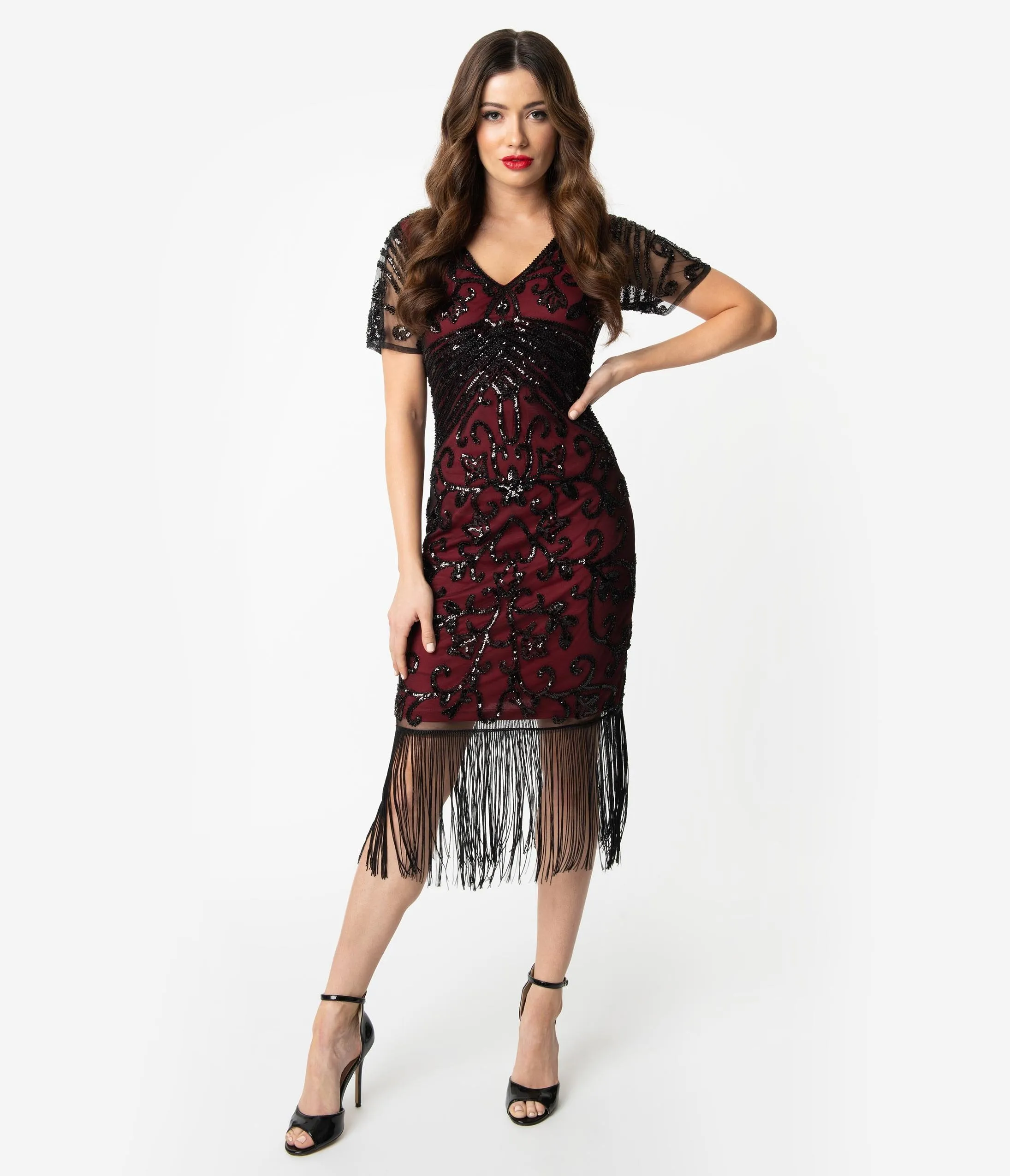 Unique Vintage Burgundy Red & Black Beaded Sleeved Troyes Cocktail Flapper Dress