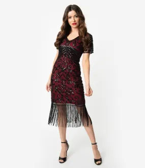 Unique Vintage Burgundy Red & Black Beaded Sleeved Troyes Cocktail Flapper Dress