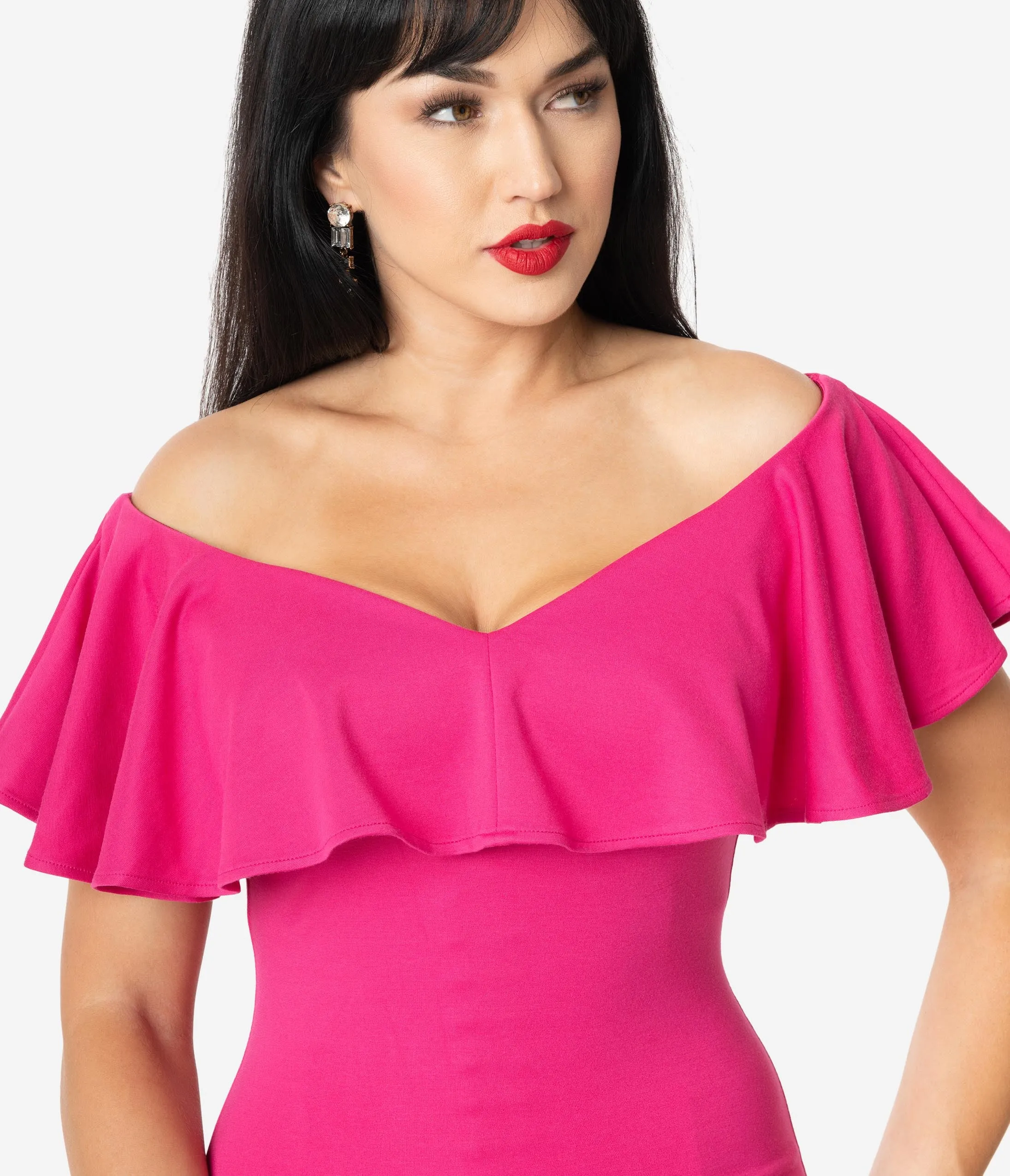 Unique Vintage Hot Pink Knit Ruffle Sophia Wiggle Dress