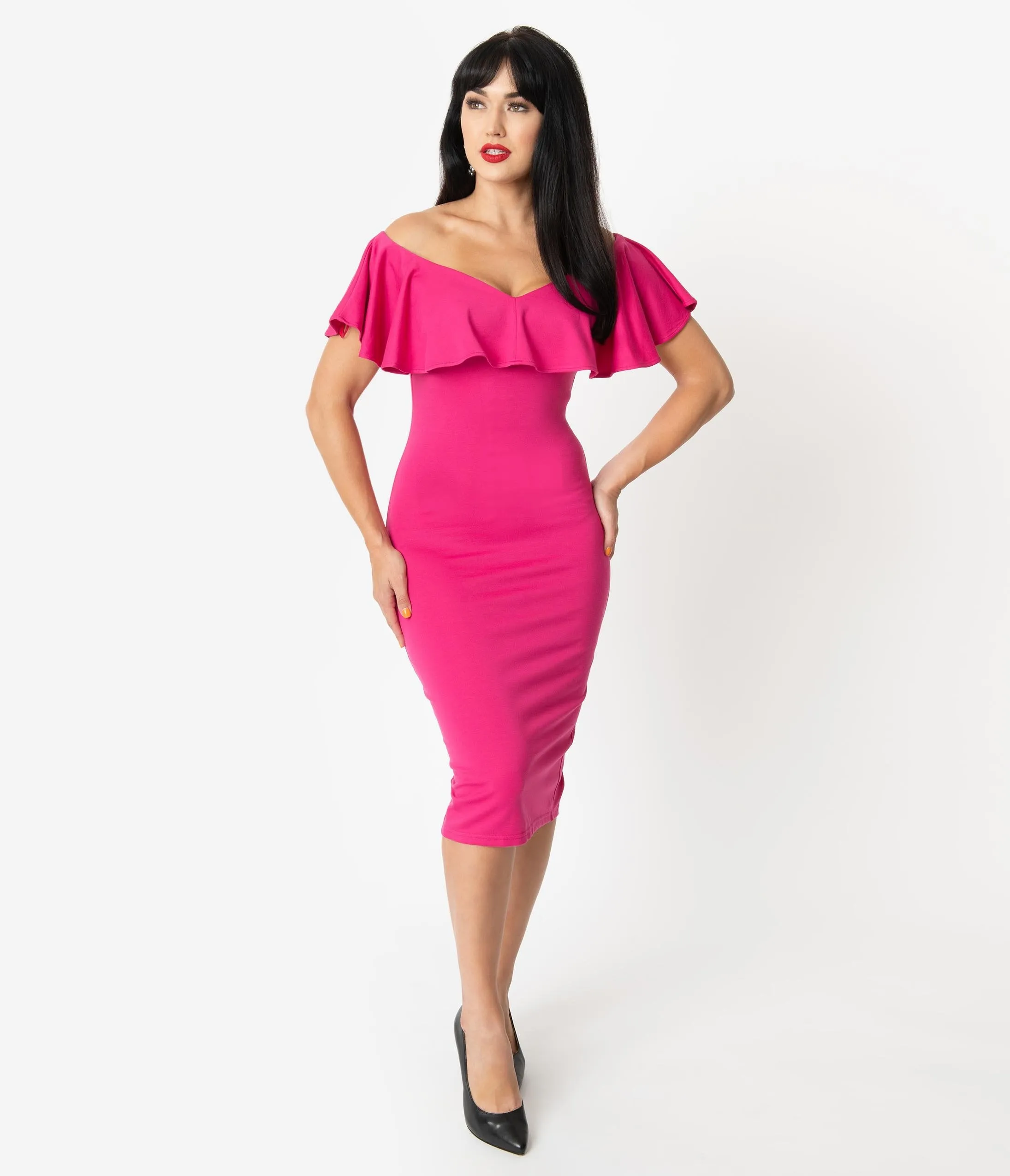 Unique Vintage Hot Pink Knit Ruffle Sophia Wiggle Dress