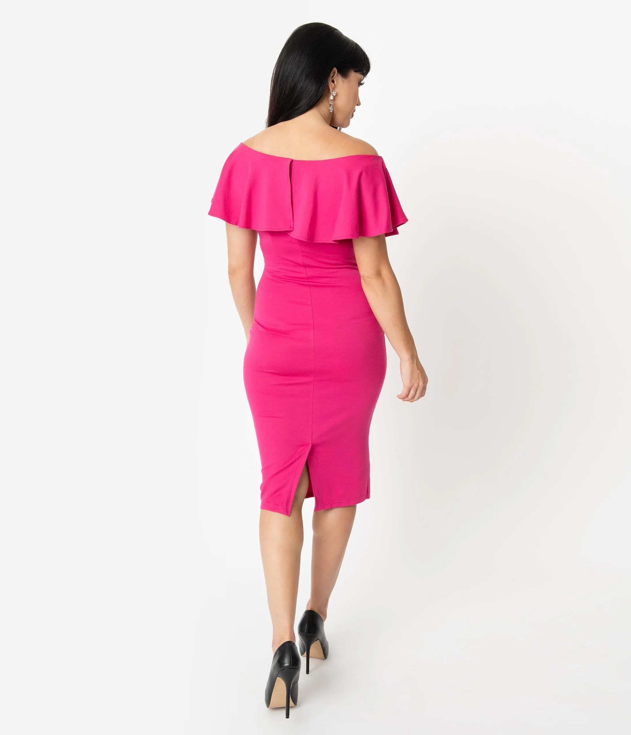 Unique Vintage Hot Pink Knit Ruffle Sophia Wiggle Dress