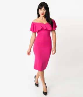 Unique Vintage Hot Pink Knit Ruffle Sophia Wiggle Dress