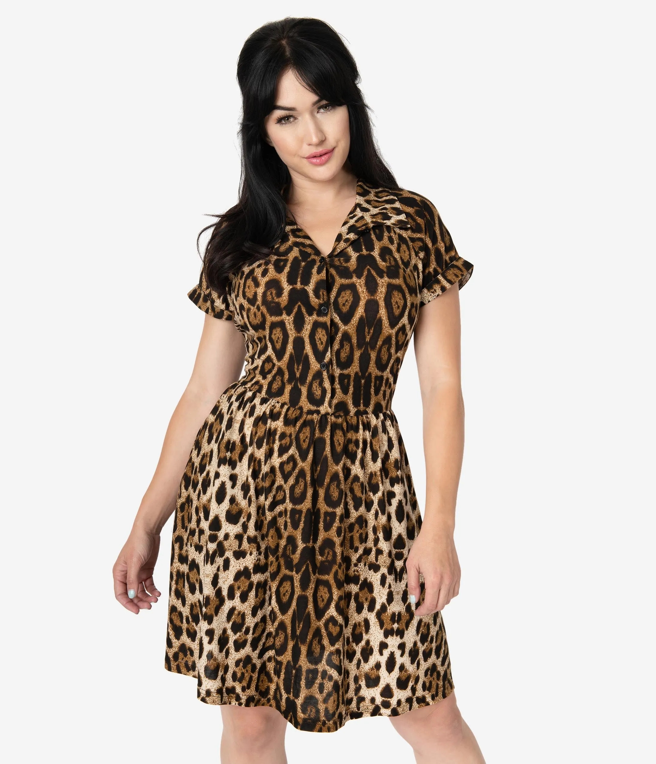 Unique Vintage Leopard Print Short Sleeve Fit & Flare Dress