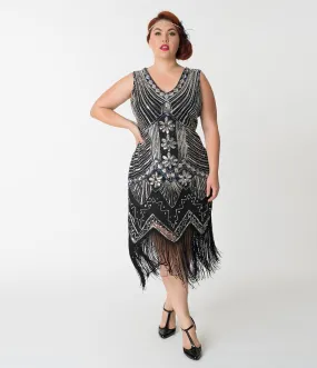 Unique Vintage Plus Size 1920s Deco Silver & Black Veronique Fringe Flapper Dress