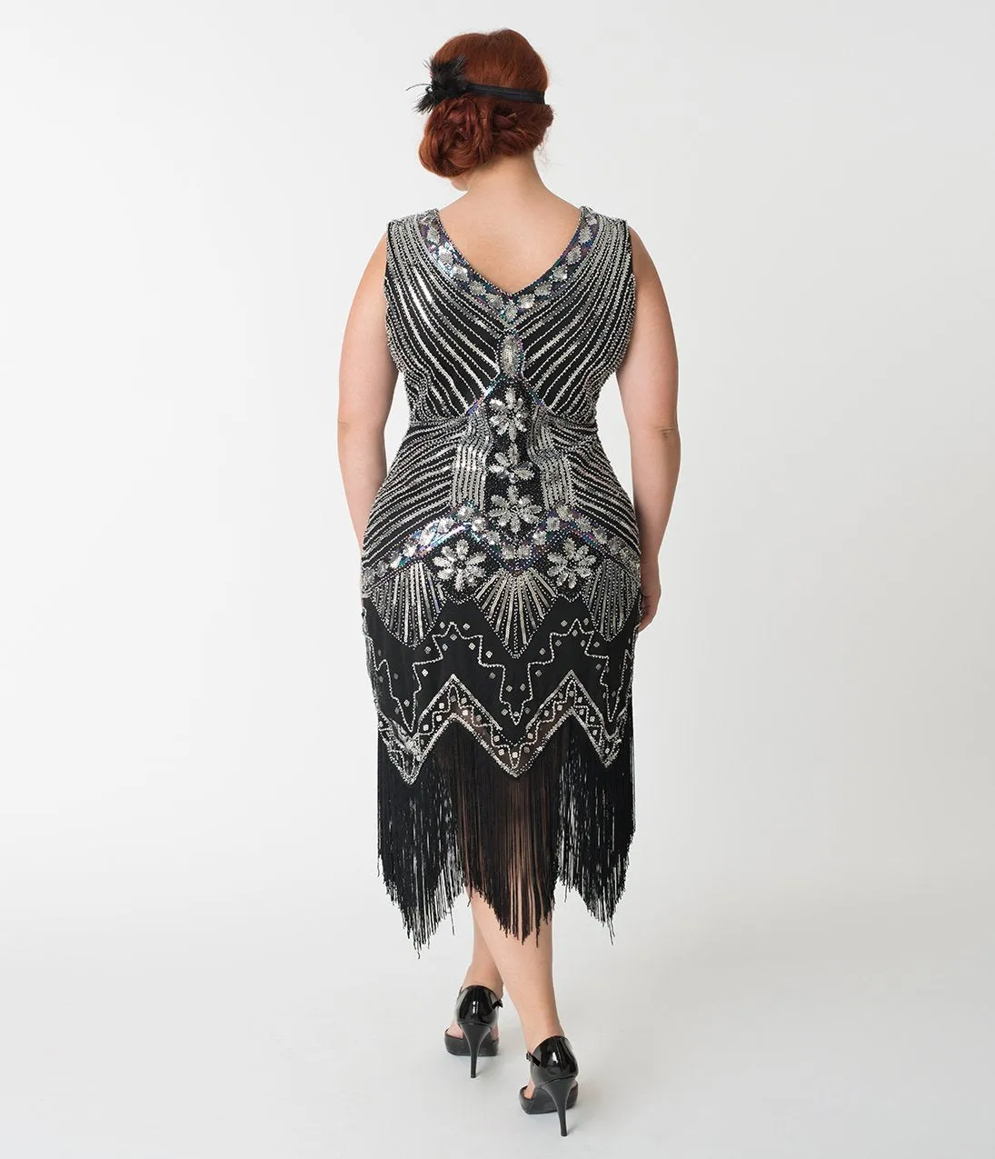 Unique Vintage Plus Size 1920s Deco Silver & Black Veronique Fringe Flapper Dress