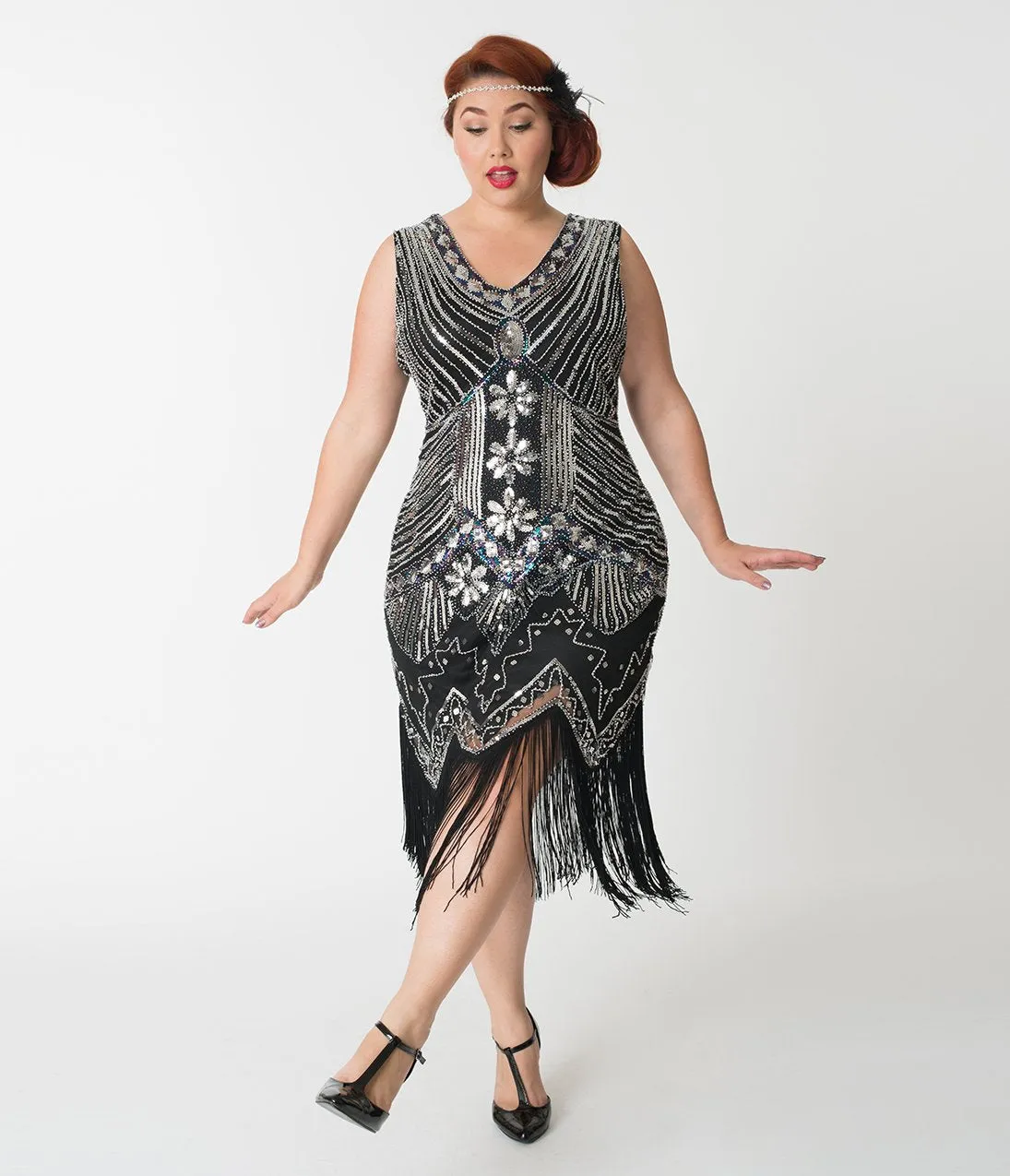 Unique Vintage Plus Size 1920s Deco Silver & Black Veronique Fringe Flapper Dress