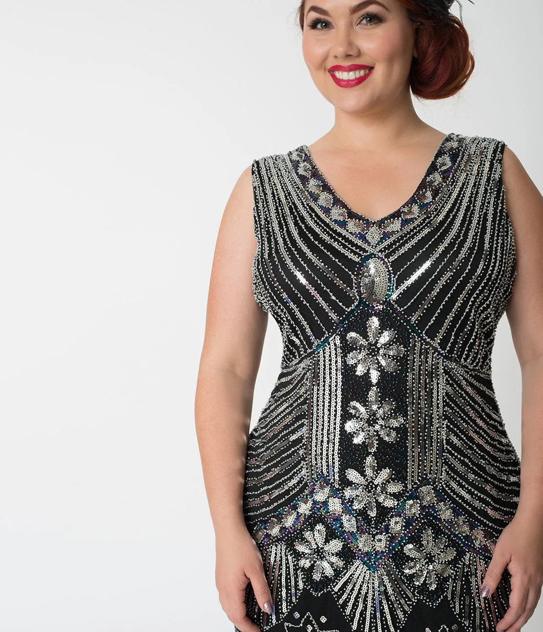 Unique Vintage Plus Size 1920s Deco Silver & Black Veronique Fringe Flapper Dress